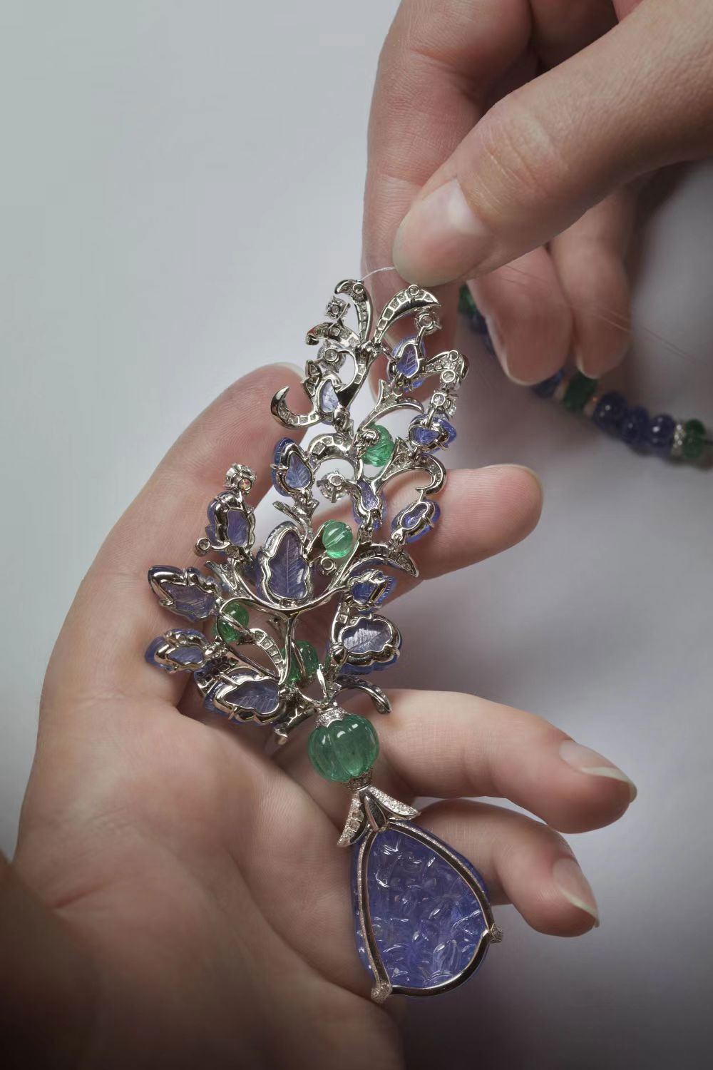 Fruit Pouch Sapphire Emerald Necklace