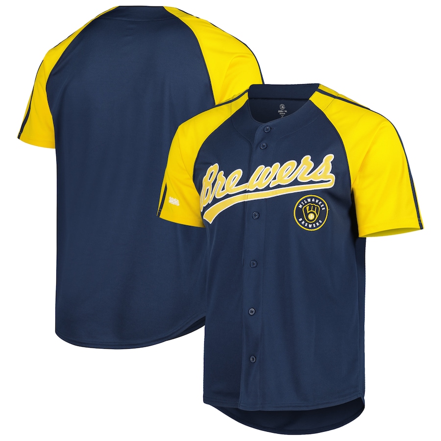 Milwaukee Brewers Stitches Button-Down Raglan Fashion Jersey Navy