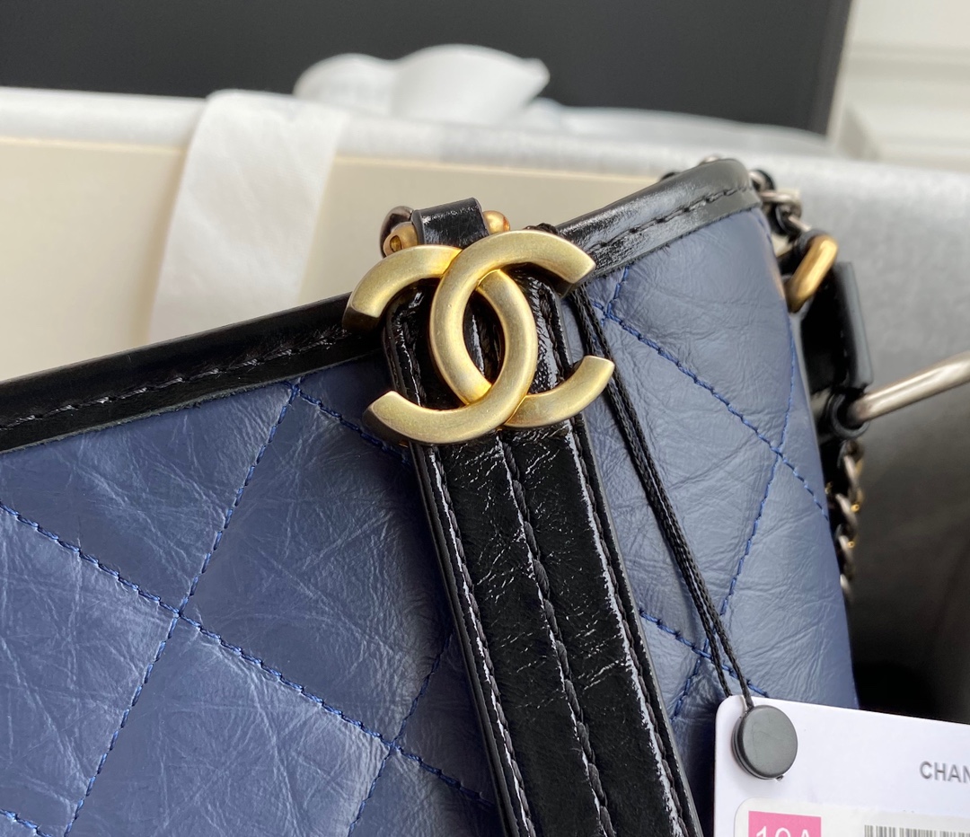 19A Gabrielle Small Hobo Bag in Navy Blue & Black Aged Calfskin with Gold & Silver Hardware (Model A91810)