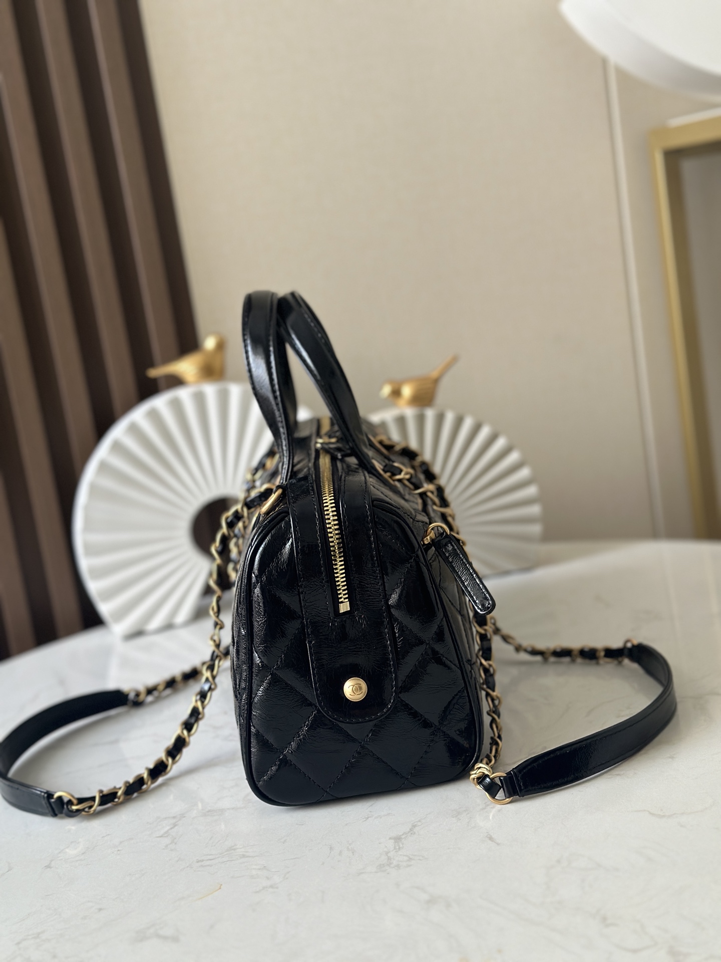 25A Small Bowling Bag in Black Quilted Crinkled Patent Calfskin with Gold-Tone Hardware