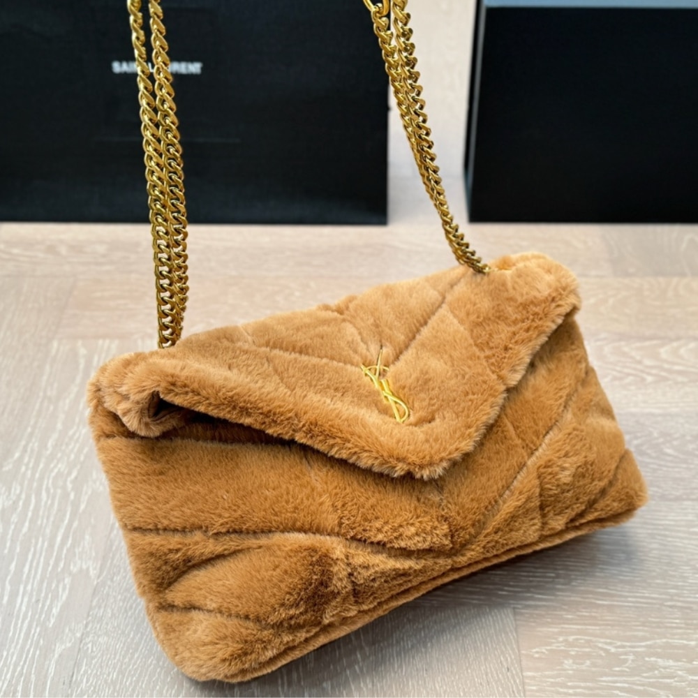 Saint Laurent Puffer Bag In Shearling Brown 28Cm