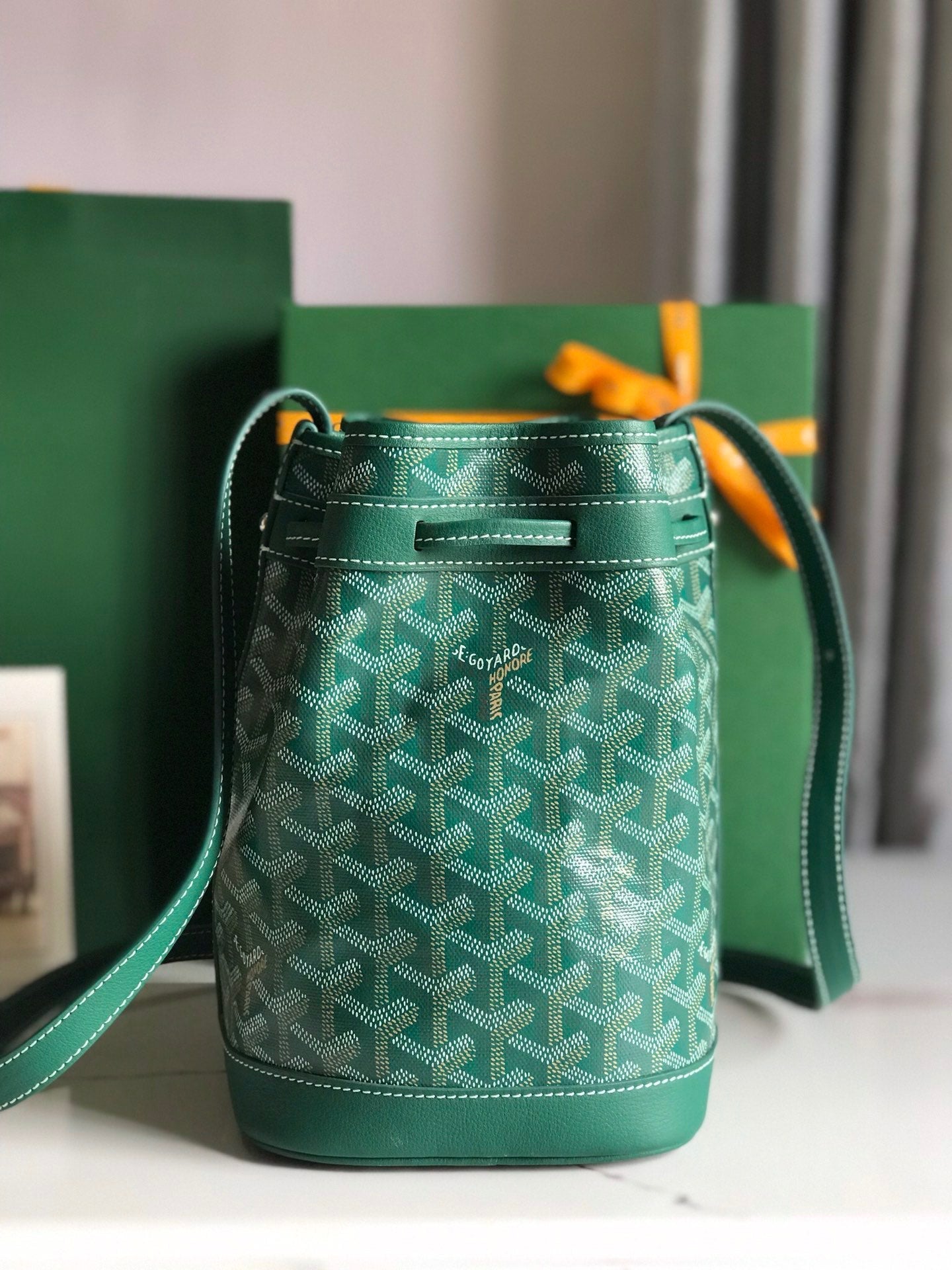 Goyard Petit Flot Bucket Bag 22 Cm Green Goyardine Canvas And Lambskin Trim