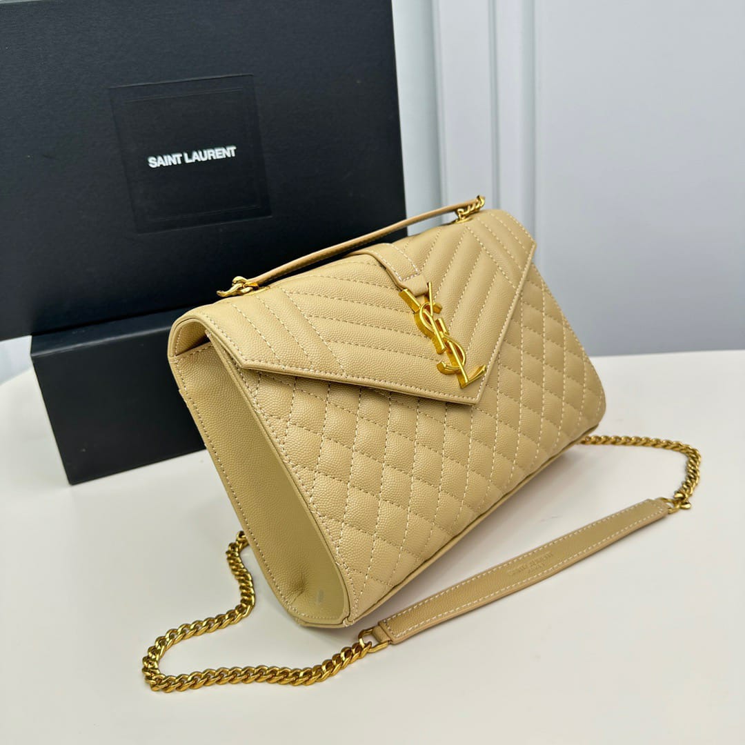 Saint Laurent Envelope Medium Chain Bag In Mix Matelasse Grain De Poudre Embossed Beige 24Cm