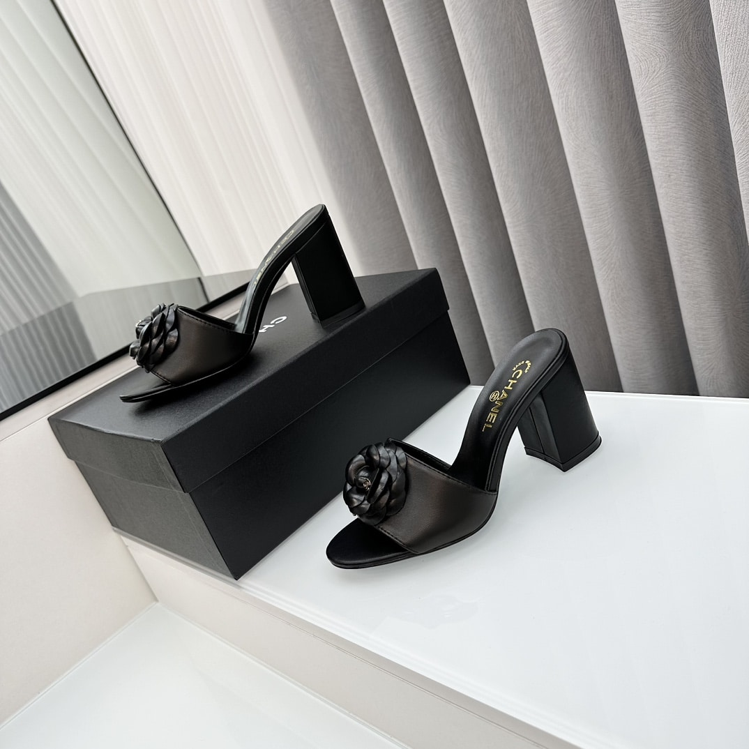 Chanel Camellia Medium Heel Slippers Black