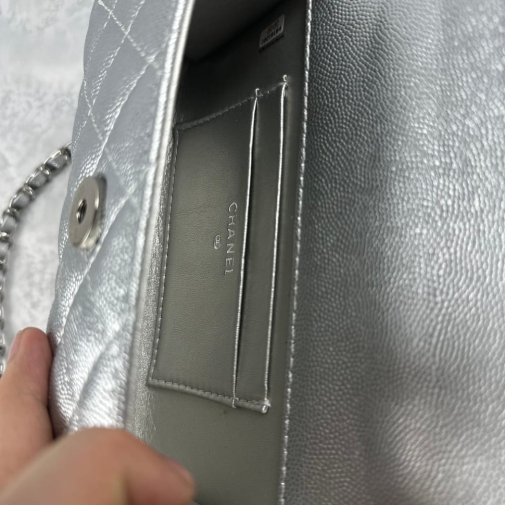 Chanel 23P Clutch With Chain Bag Grained Leather Silver 18cm