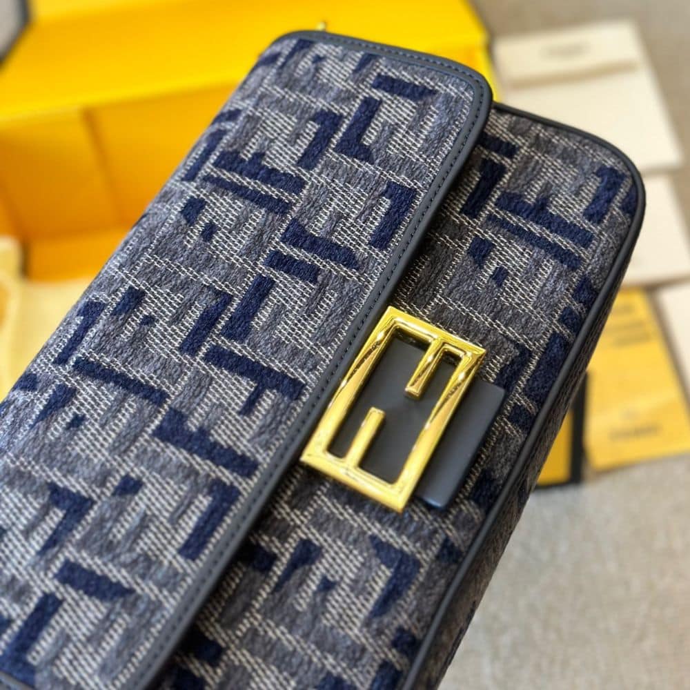 Fendi Baguette Ff Chenille Bag Dark Blue 27Cm