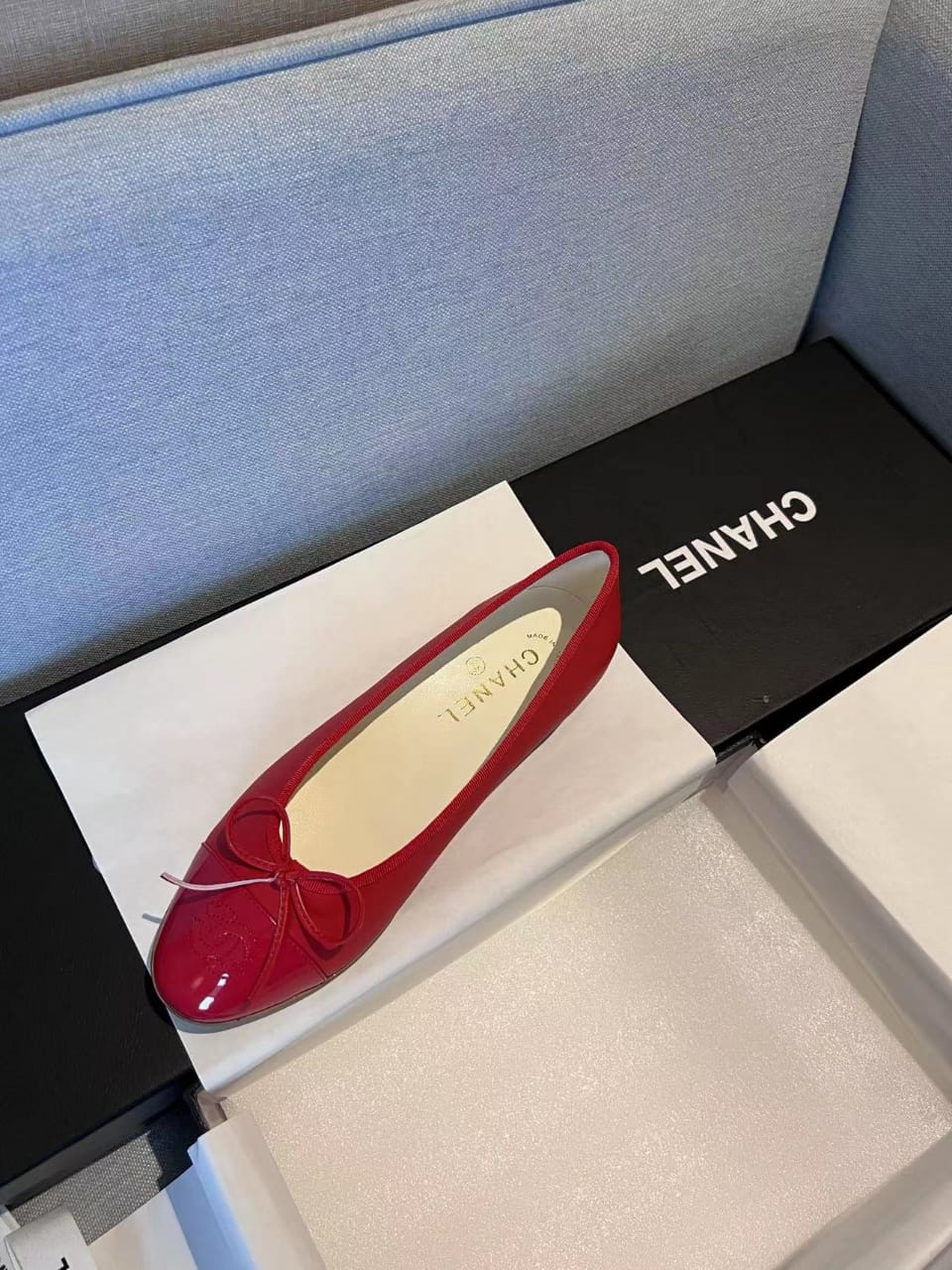 Chanel Cc Cap Toe Ballet Flats In Light Red Patent Leather