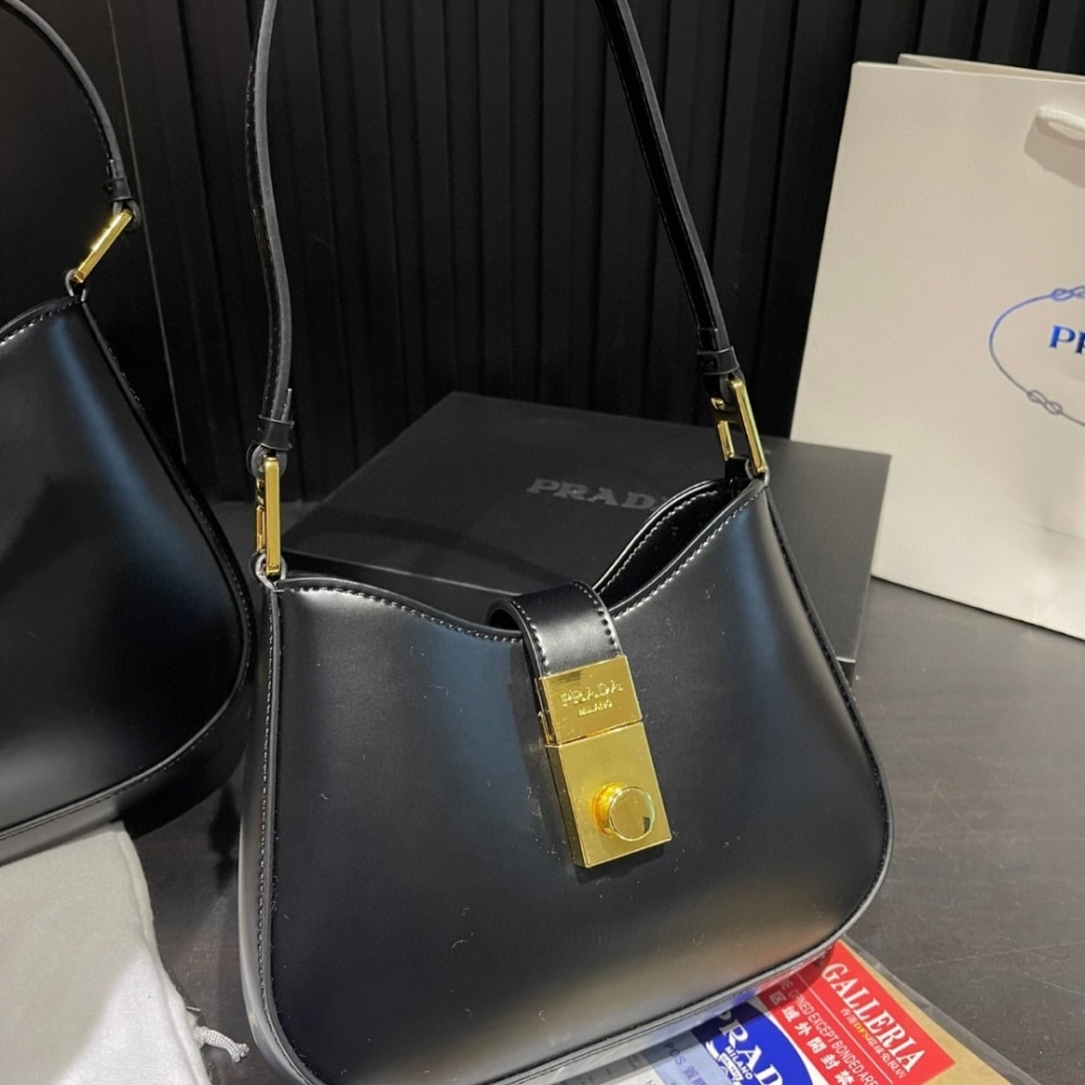 Prada Cleo Brushed Leather Shoulder Bag With Clasp Closure Black 26Cm
