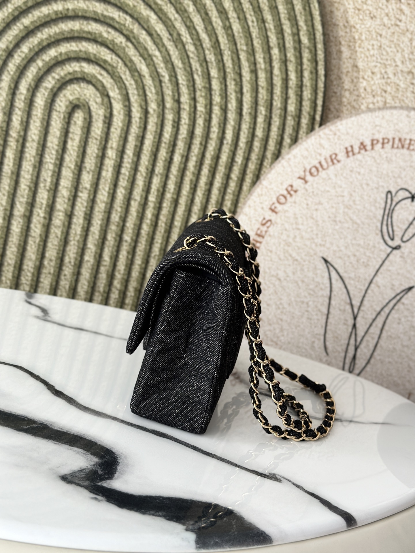 Black Denim Quilted Medium Classic Flap Bag with Gold Hardware