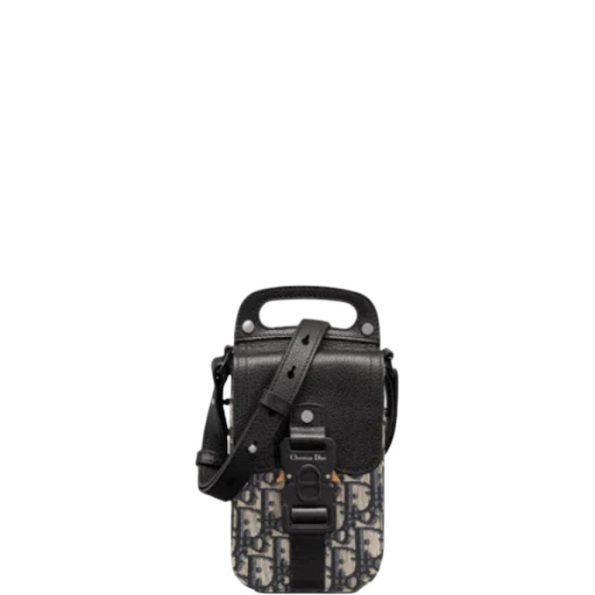 DIOR SADDLE VERTICAL POUCH WITH STRAP OBLIQUE JACQUARD AND DARK BLUE GRAINED CALFSKIN 11CM HIGH QUALITY