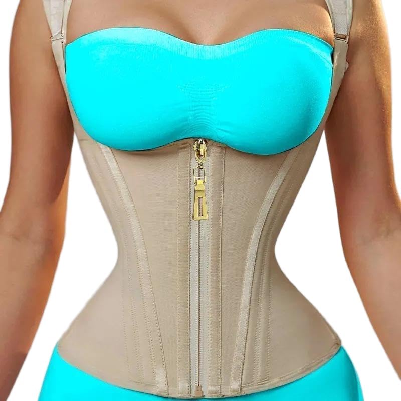 Women Double Compression Waist Trainer Corset Adjustable Straps Steel Bone Support,Zipper Hook Flat Belly Body Shaper Belt