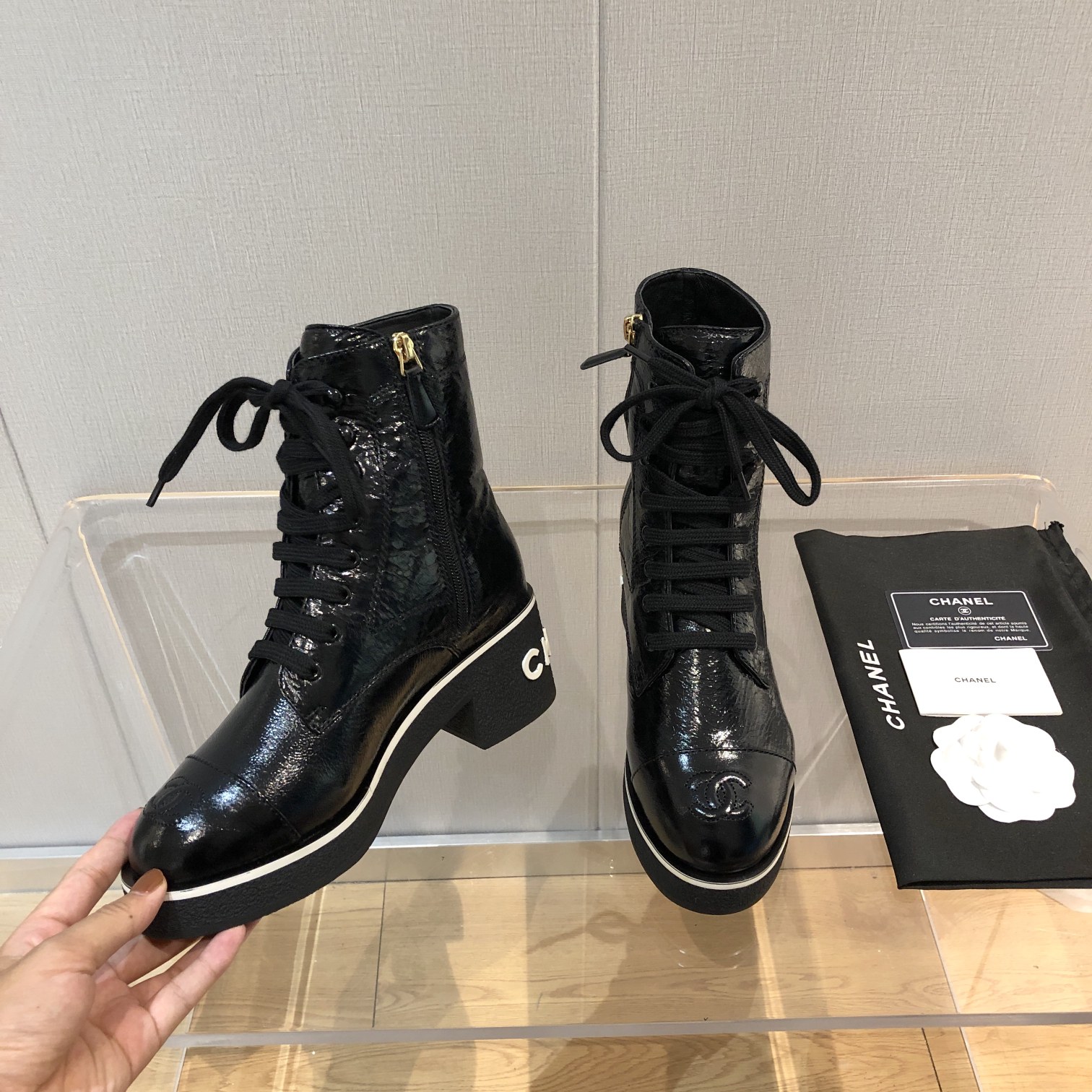 Chanel White Logo Crinkled Leather Combat Boots For Women