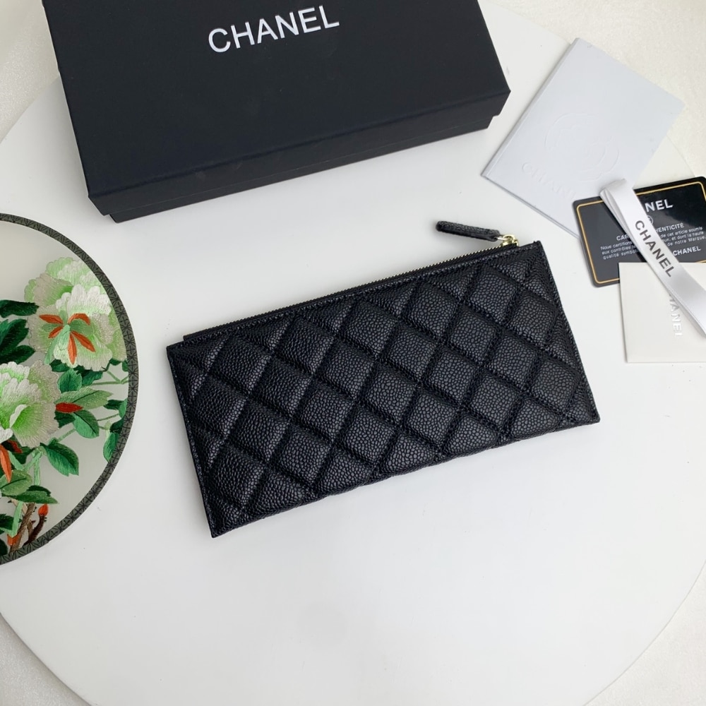 Chanel Classic Zip Pouch Caviar Wallet Black 22Cm