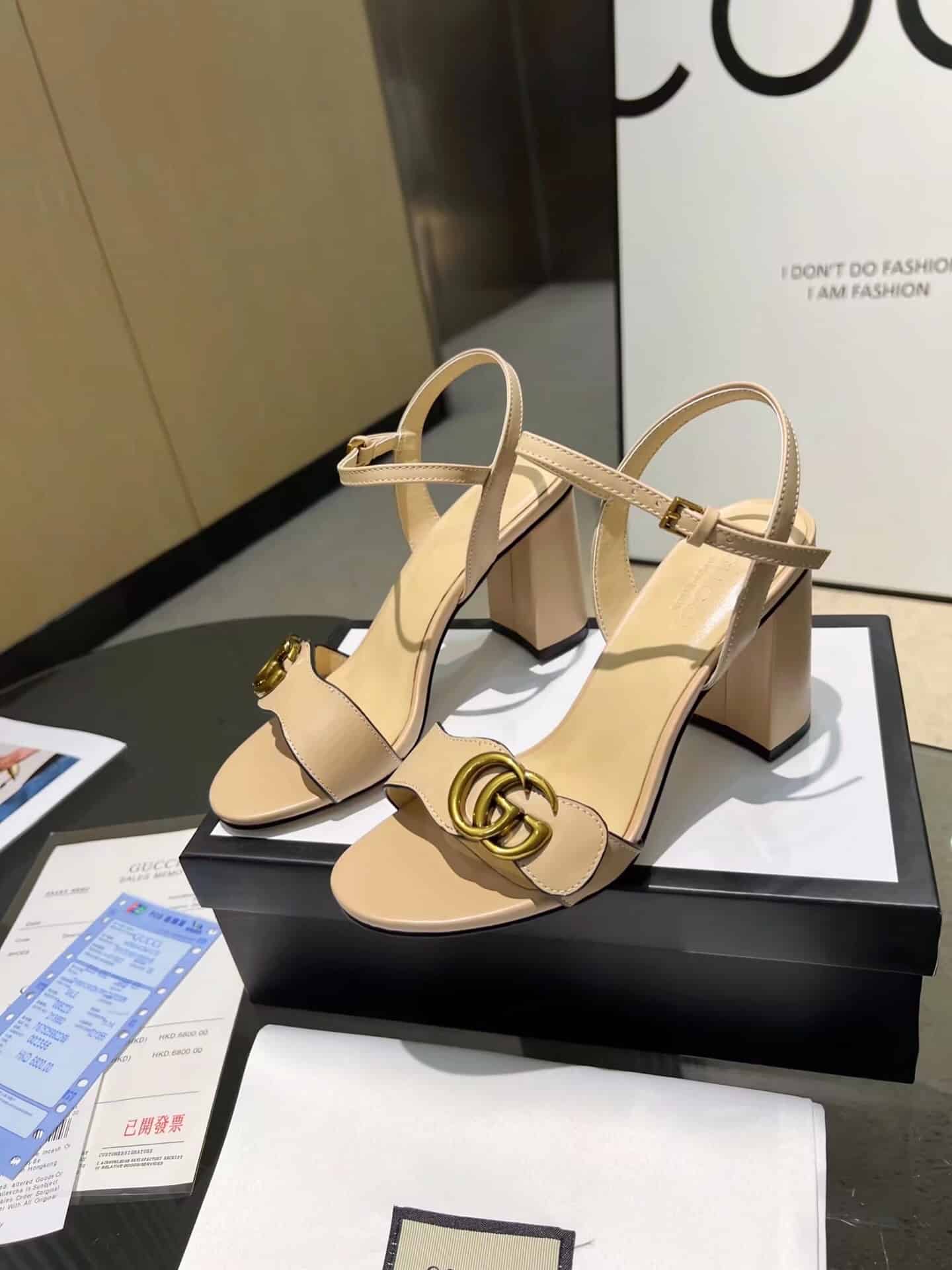 Gucci Leather Mid Heel Sandal Beige