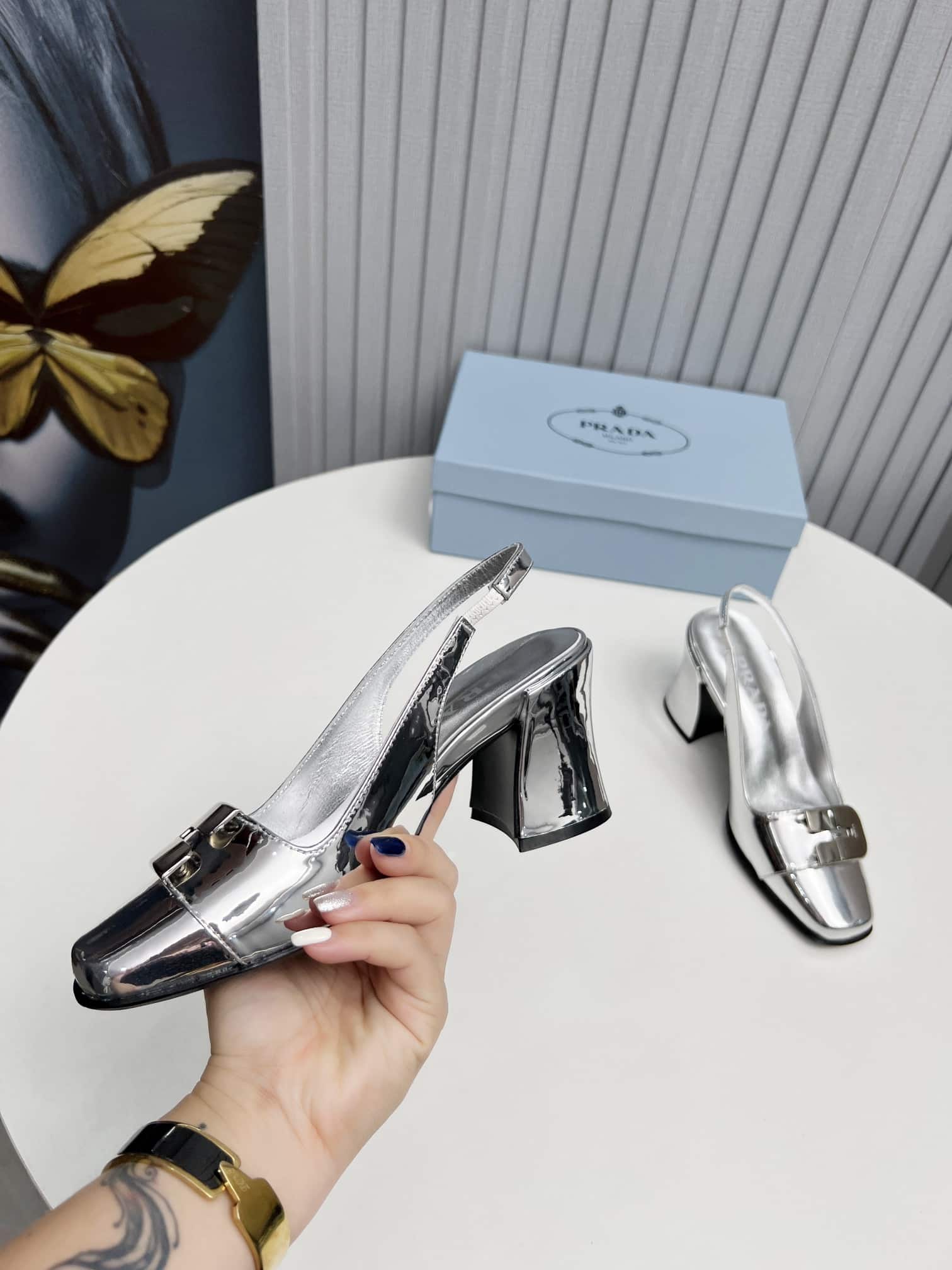Prada Leather Slingback Pumps Silver