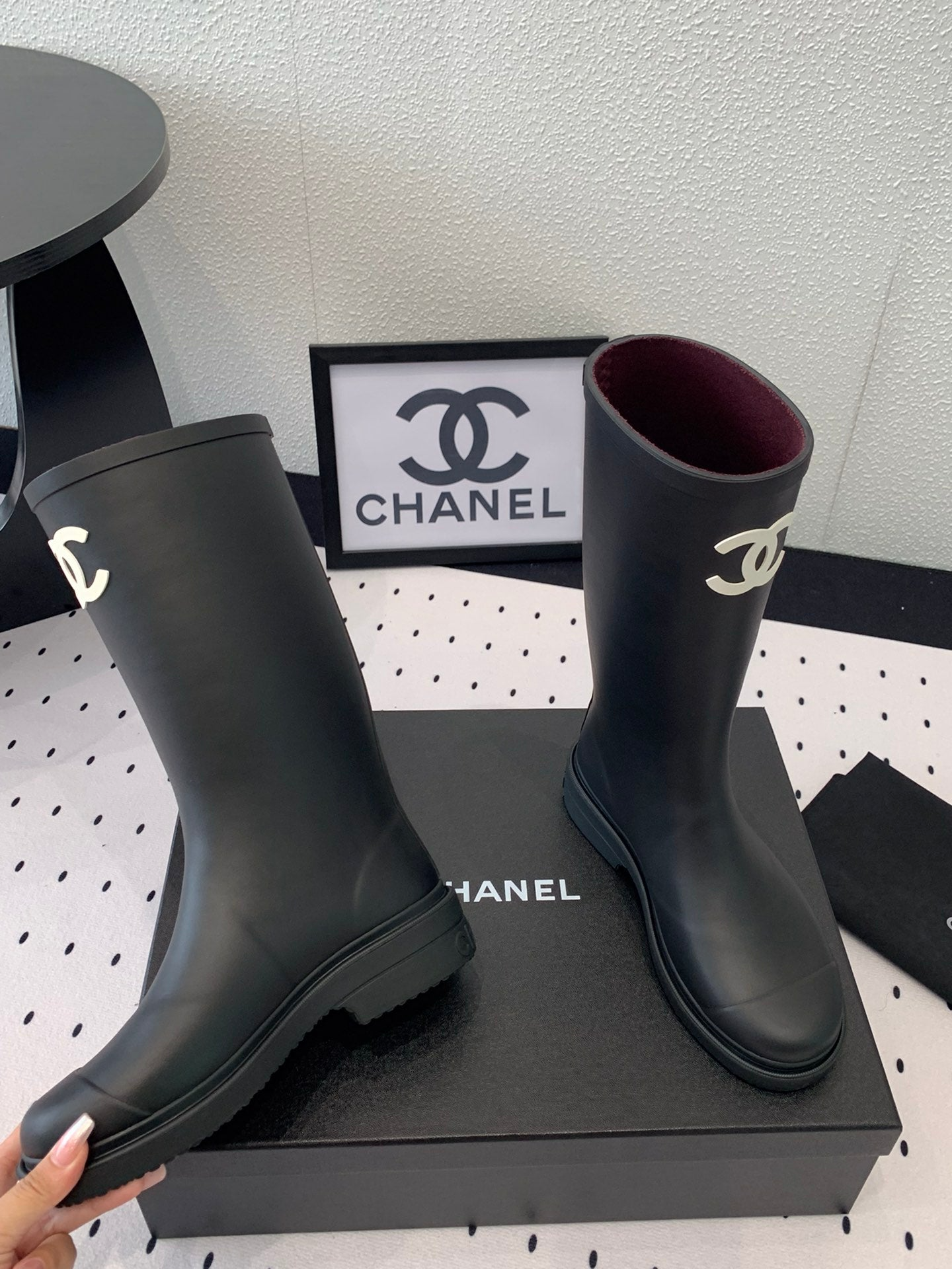 Chanel CC Logo Rain Boots Black Rubber Heel 47cm