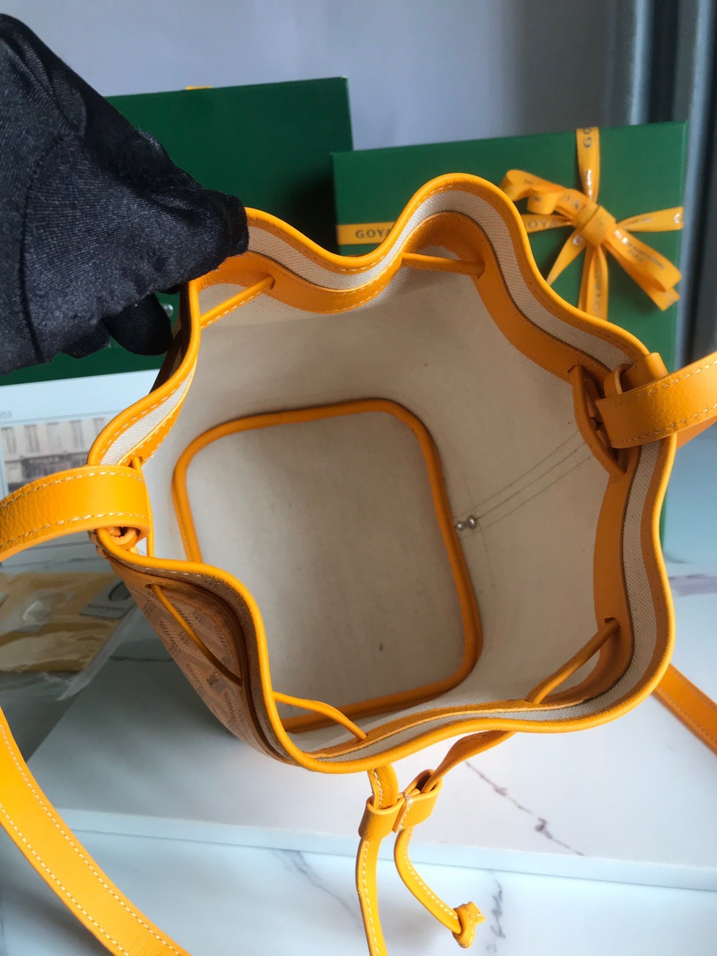 Goyard Petit Flot Bucket Bag 22 Cm Yellow Goyardine Canvas And Lambskin Trim