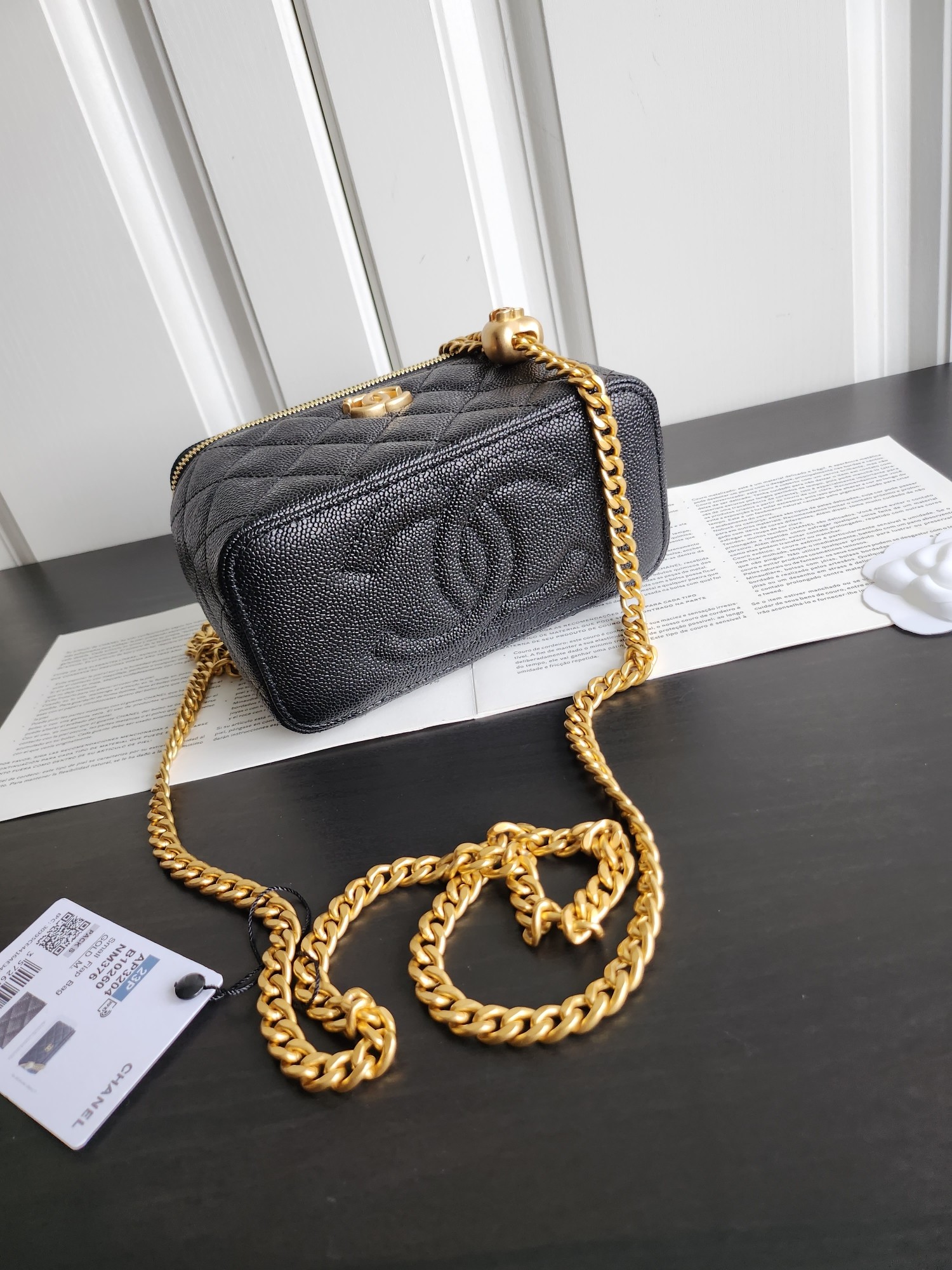 23P Small Vanity Case Bag (AP3204) in Black Quilted Caviar Leather with Light Gold-Tone Hardware & Heart Charm