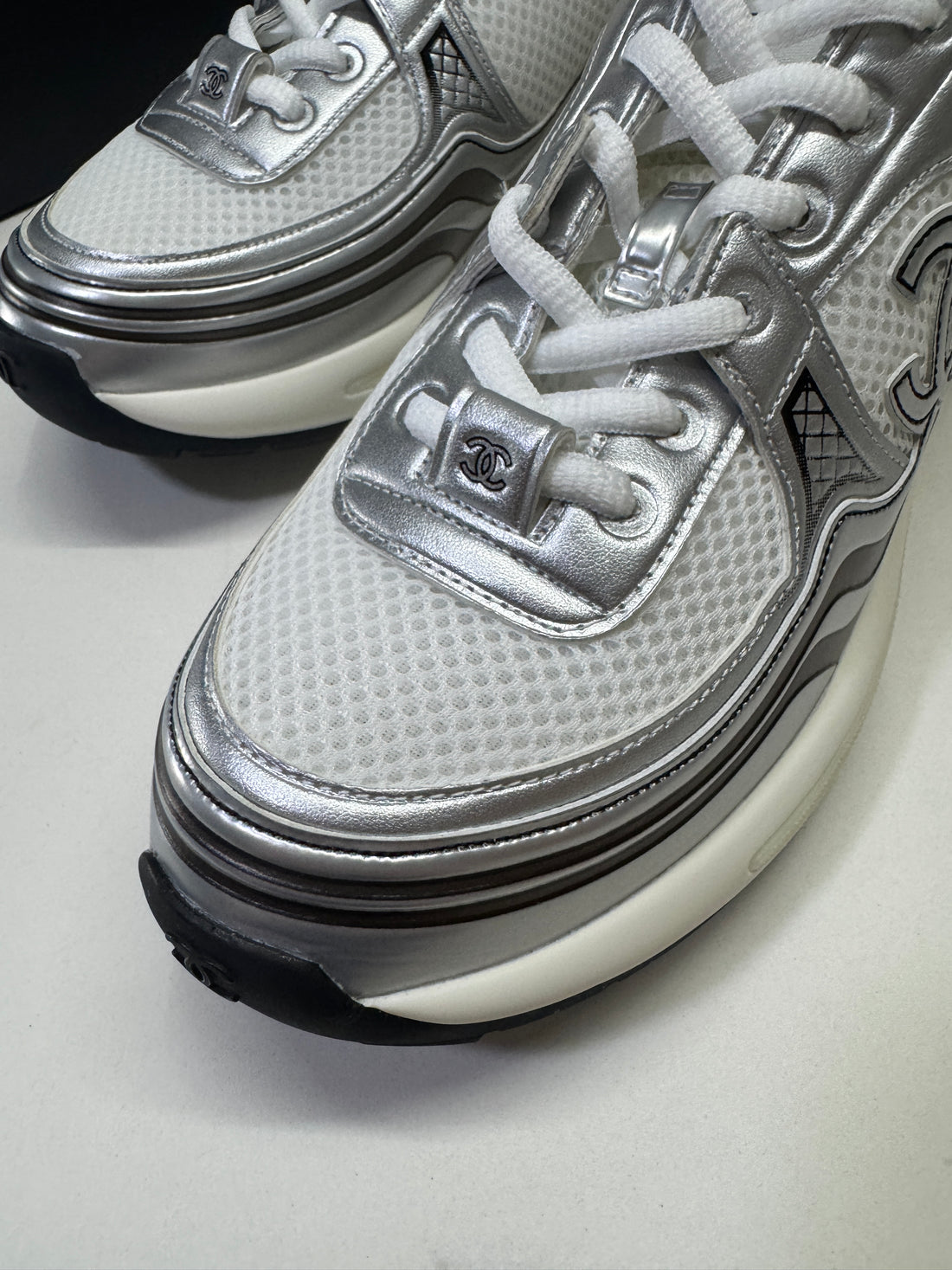 Chanel CC Logo Metallic Mesh Sneakers White/Silver