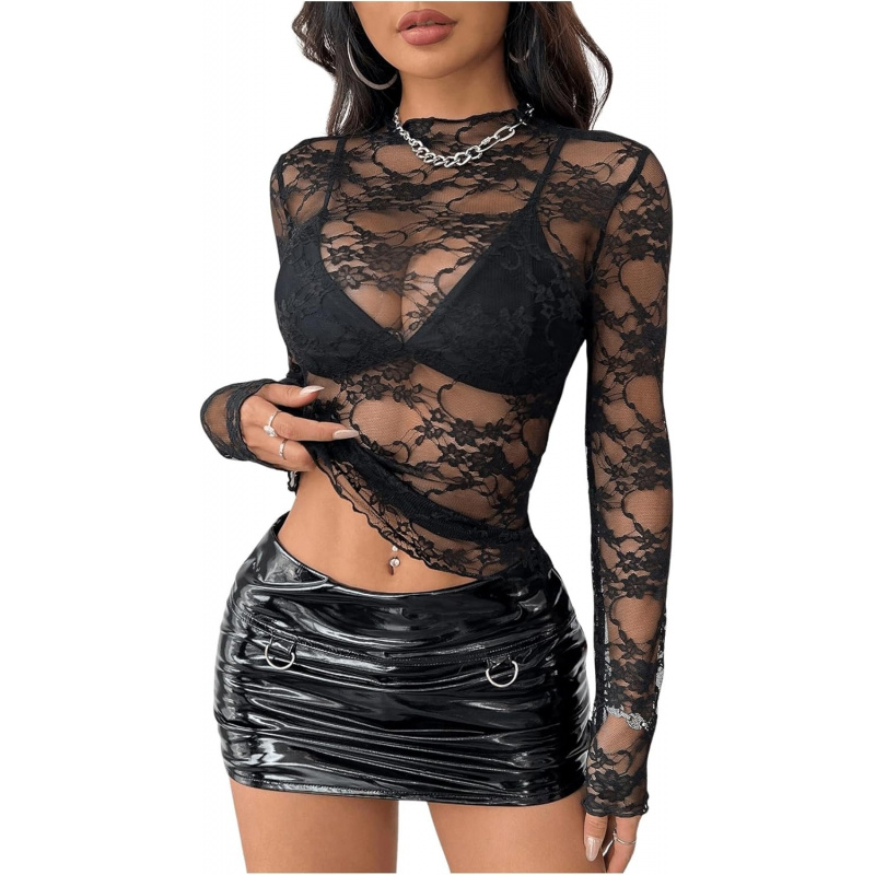 Women's Lace Tops Mesh Y2k See Through