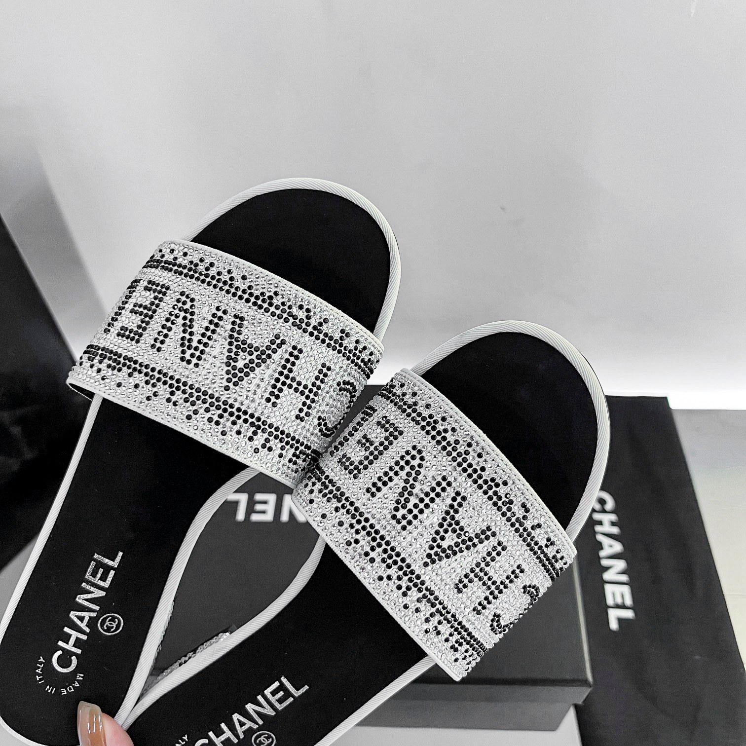 Chanel 24P Beaded Diamond Slippers Silver