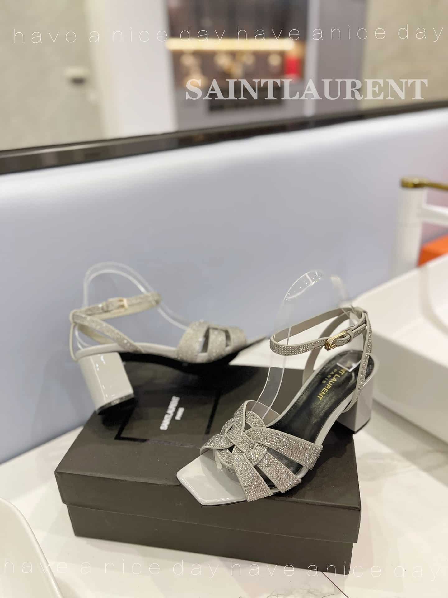 Saint Laurent Tribute Leather Sandals Metallic Silver