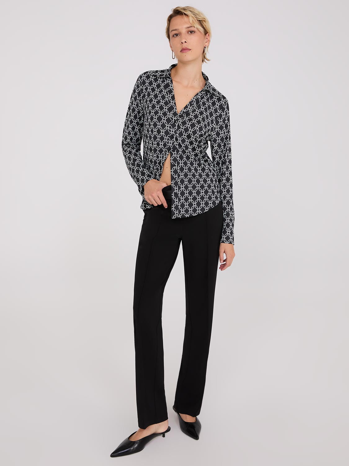 Chain Print Split Neck Button-Down Blouse