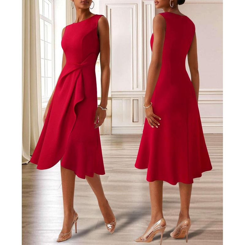 Women's Asymmetrical Ruffle Cocktail Wedding Guest A Line Midi Dress