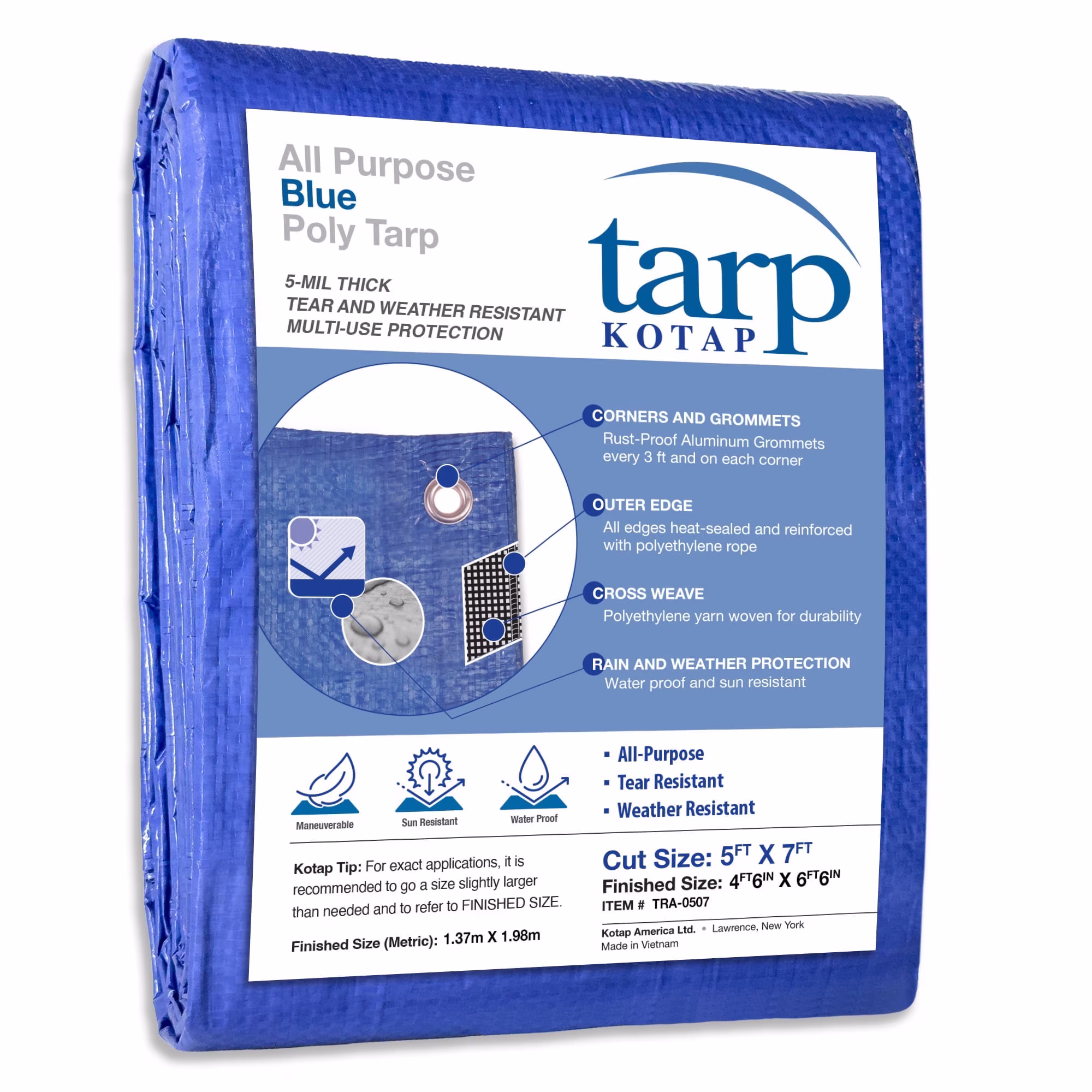 KOTAP 10 x 10 Ft. All-Purpose Protection/Coverage 5-mil Poly Tarp, Waterproof, Blue, TRA-1010