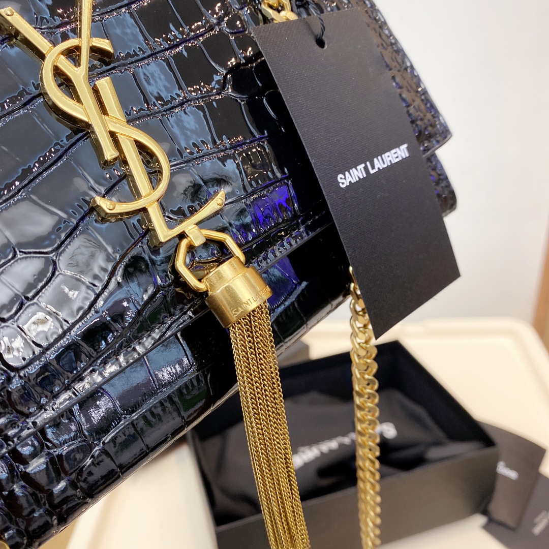 Saint Laurent Kate Medium Chain Bag With Tassel In Shiny Leather Black