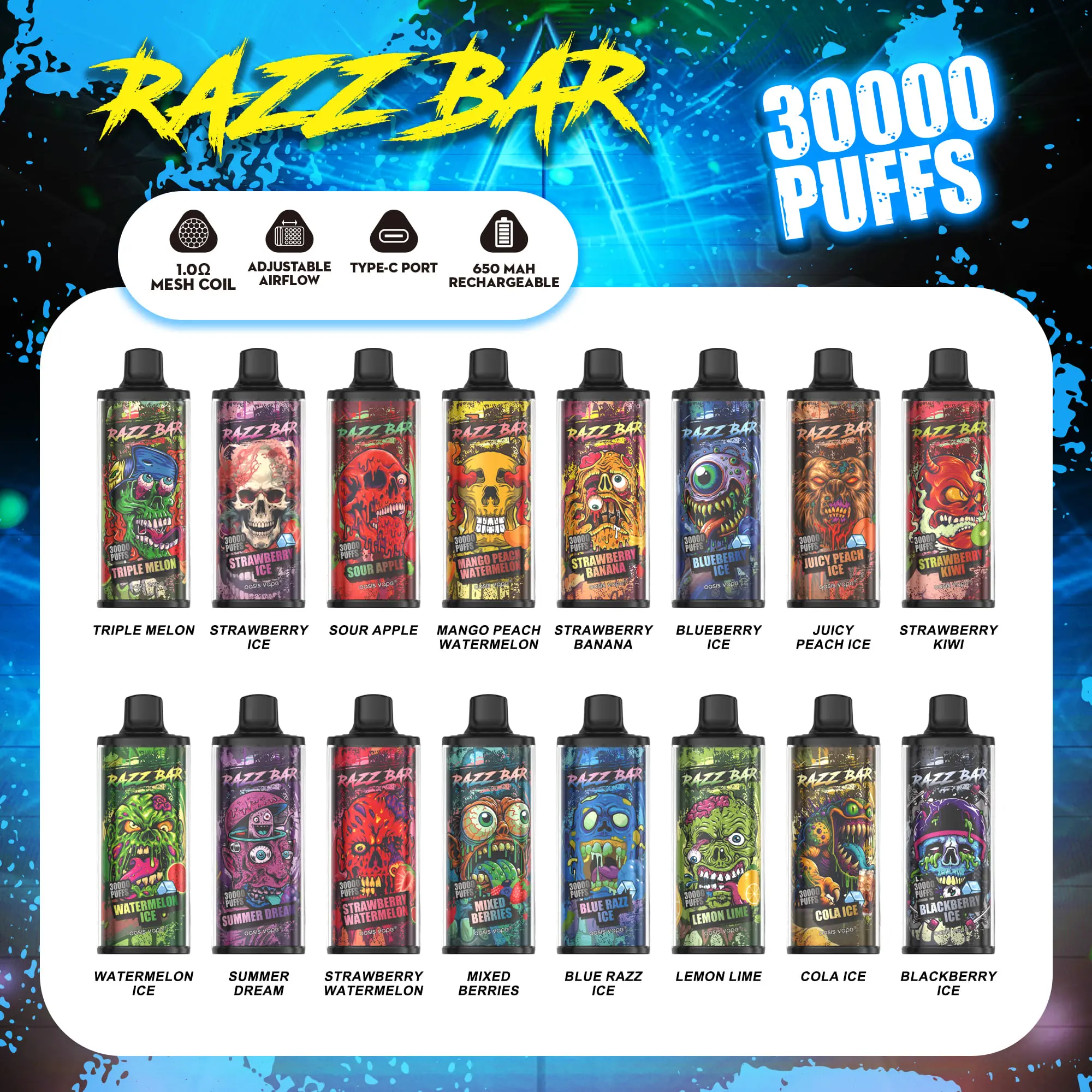 Razz Bar 30000 30K Puffs Disposable Vape | Long Lasting Rechargeable Vape with Adjustable Airflow