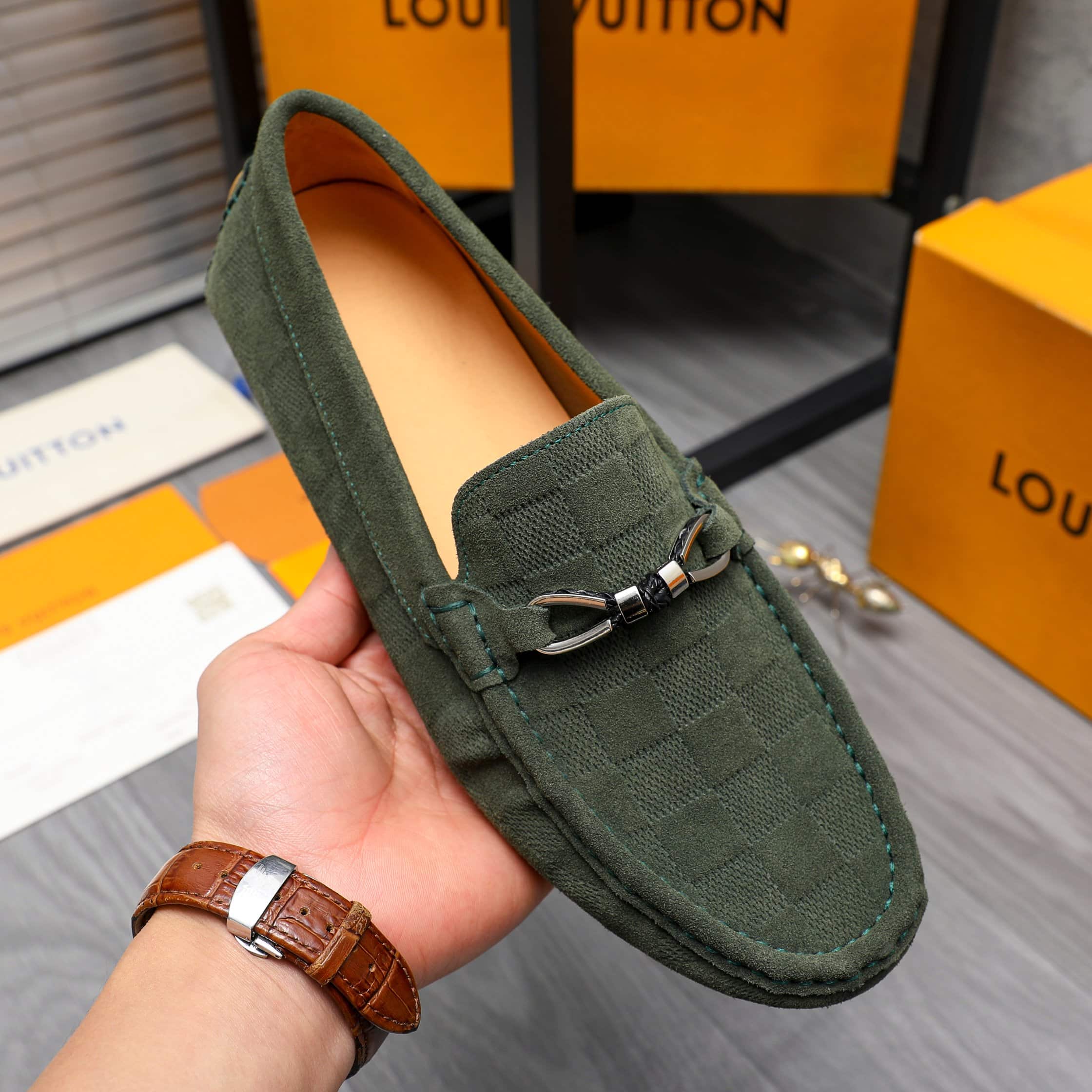 Louis Vuitton Lv Damier Suede Leather Loafers In Dark Green
