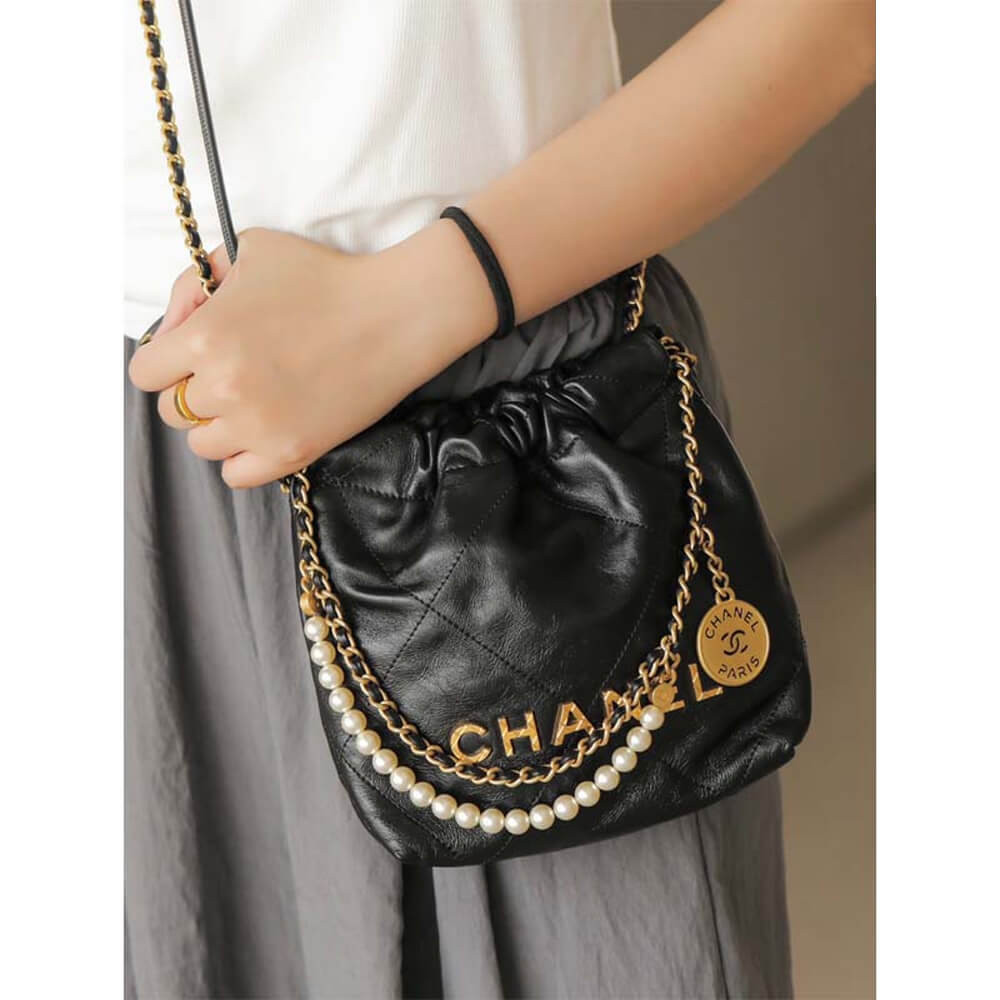 Chanel 22 Mini Bag Shiny Crumpled Calfskin with Pearl Chain