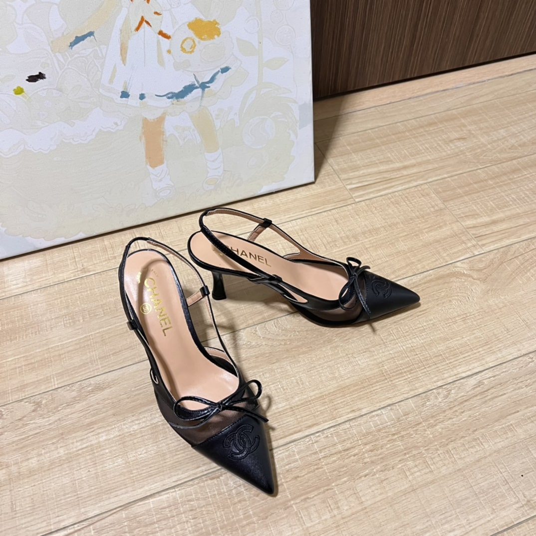 Chanel Cc Leather Pointy Toe Pumps Slingbacks Sandals Black