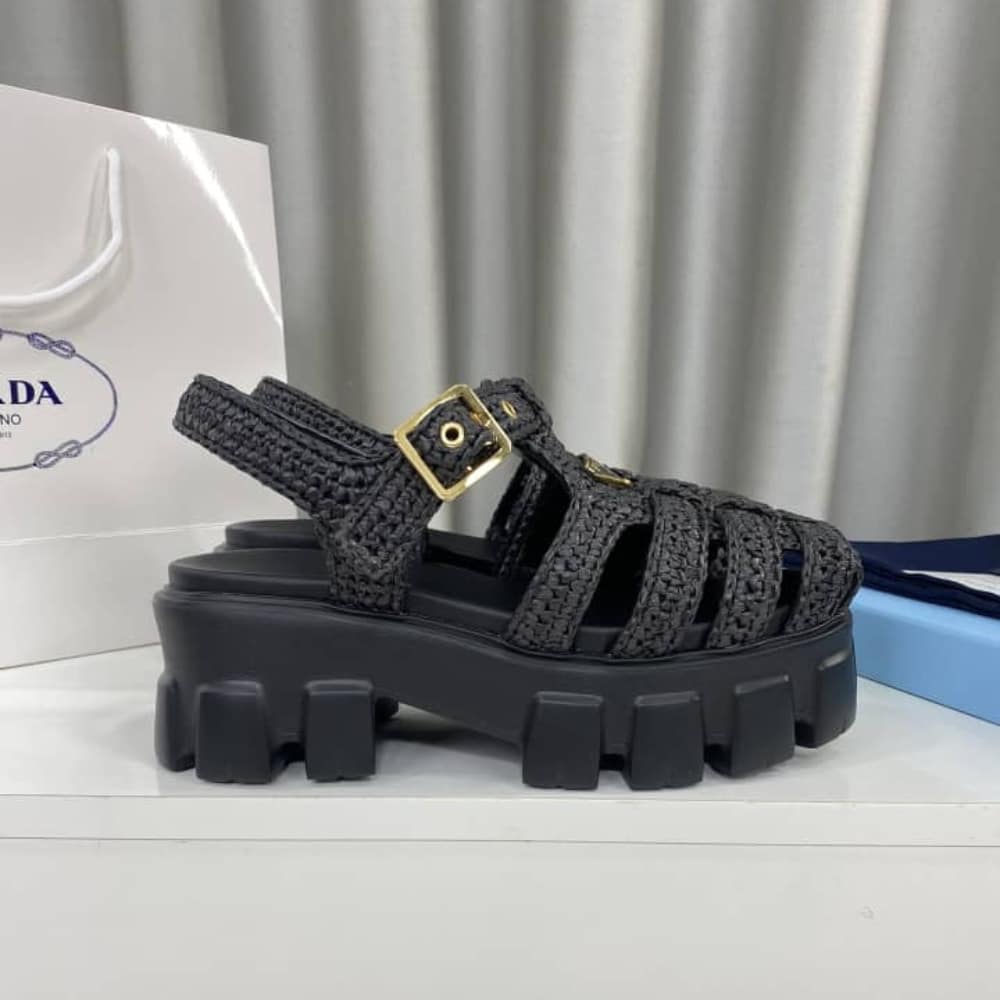 Prada Monolith Crochet Cage Sandals Black 1X138N 3L8W F0002 F 055