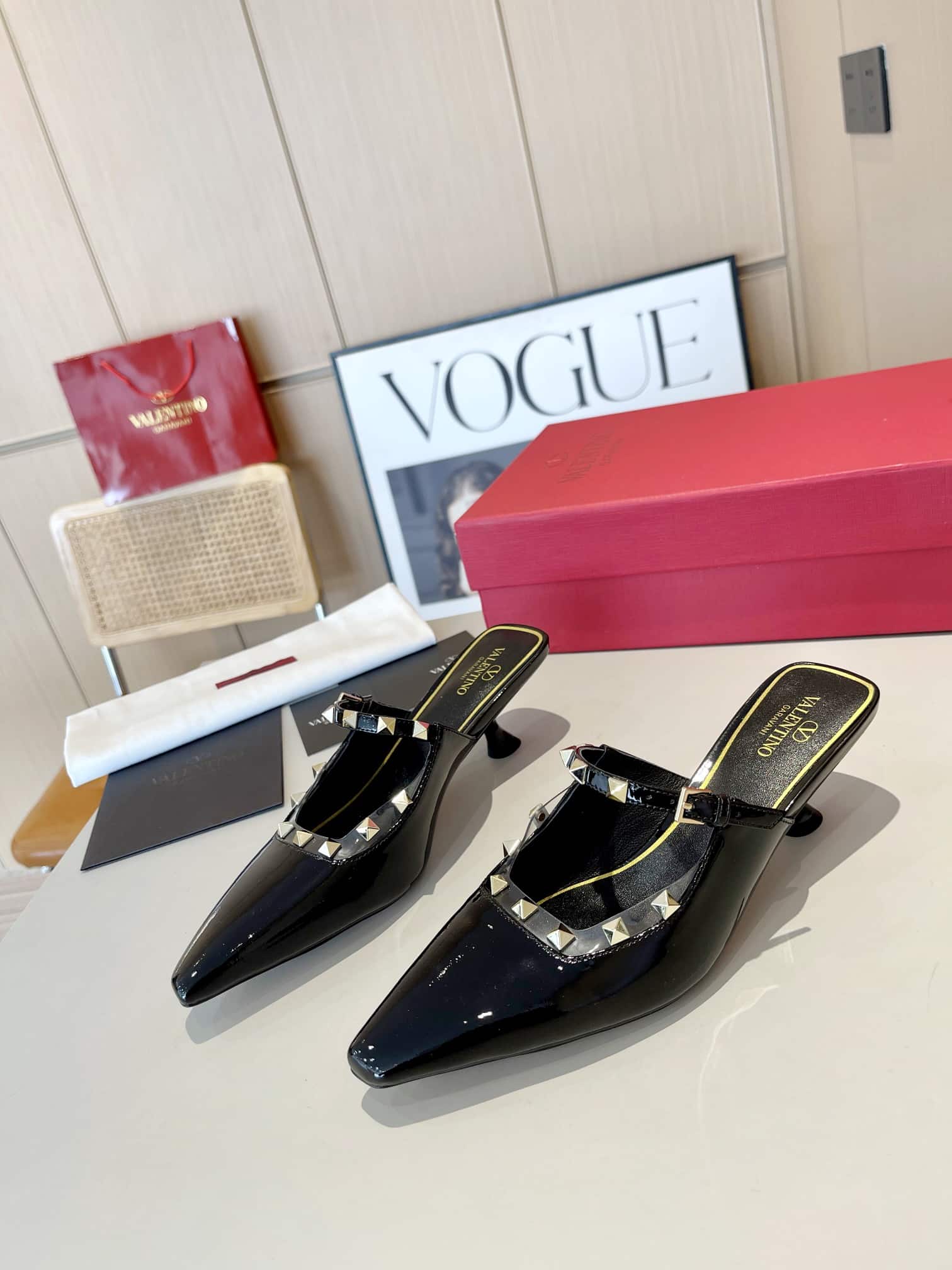 Valentino Garavani Rockstud Asymmetric Patent Leather Mules Black