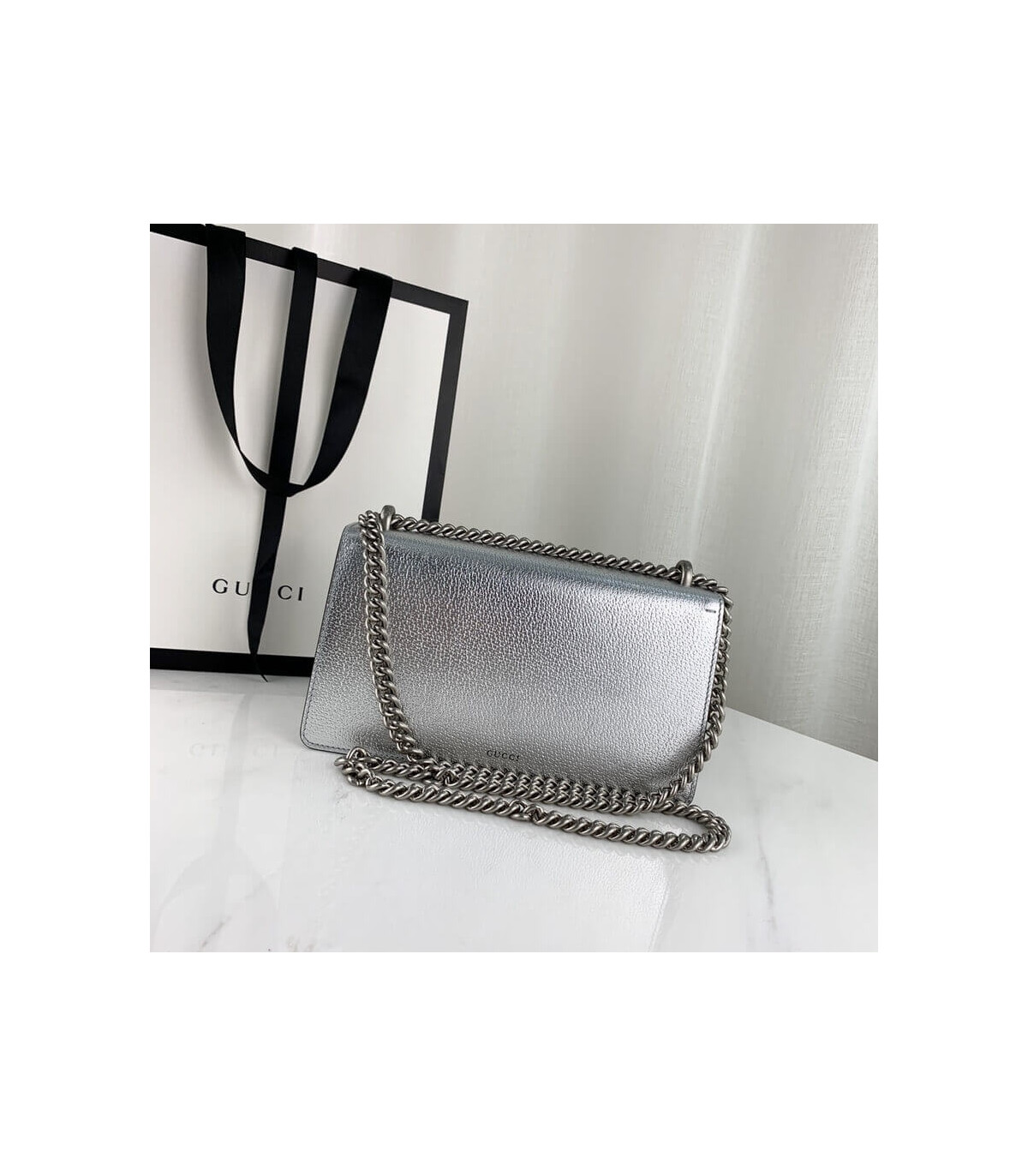 Gucci Dionysus Small Shoulder Bag in Silver Lame Leather