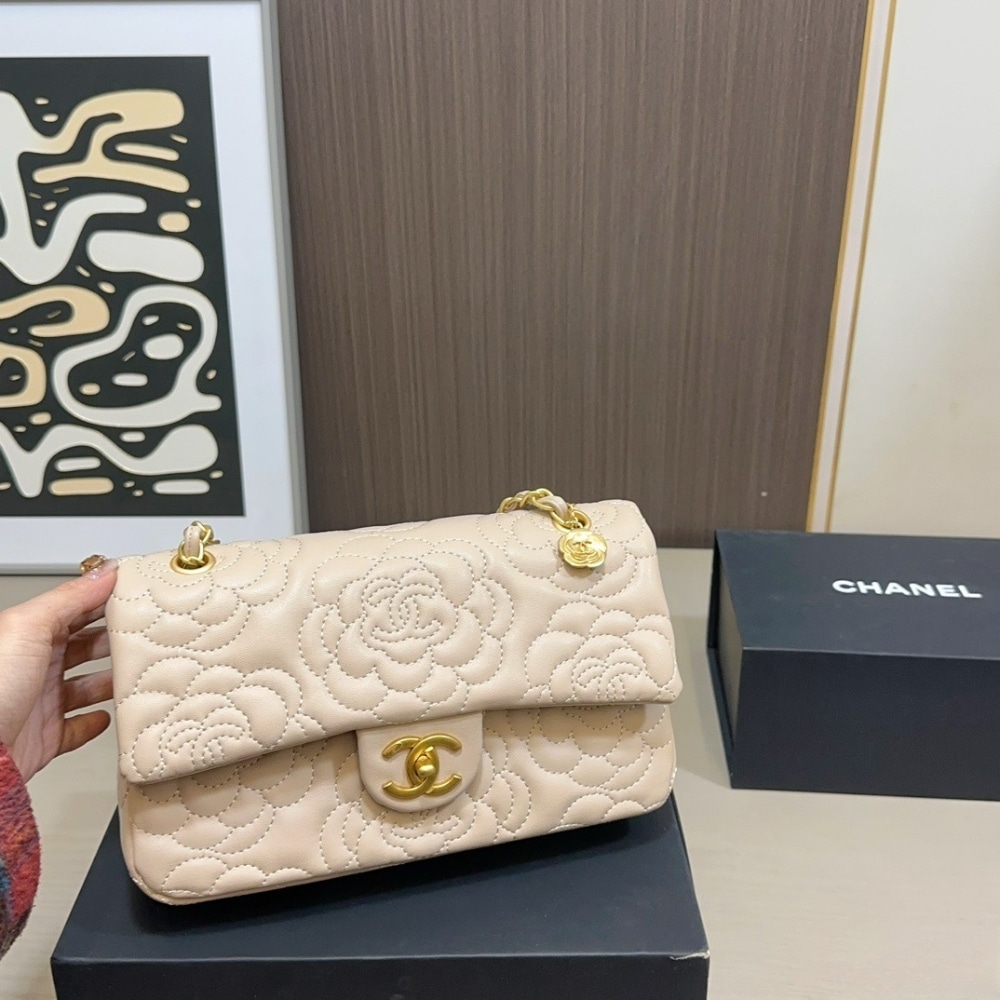 Chanel Flap Bag With Camellia Flower Chain Beige 26Cm