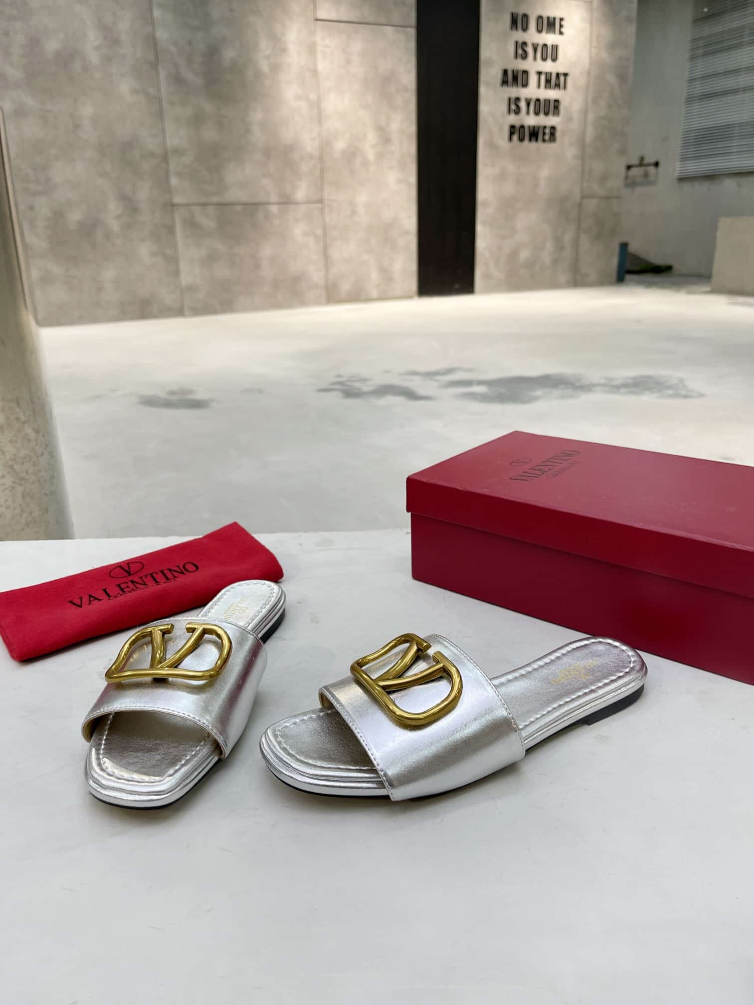 Valentino Garavani VLogo Signature Slide Sandal Silver