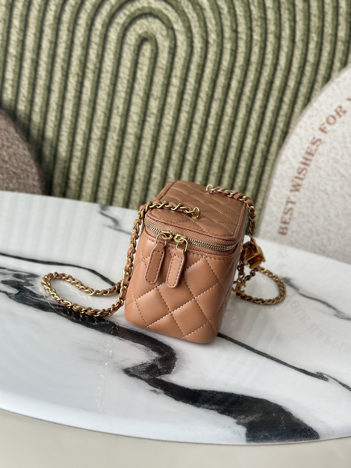 25B Caramel Quilted Lambskin Mini Vanity Case with Adjustable CC Chain and Gold-Tone Hardware