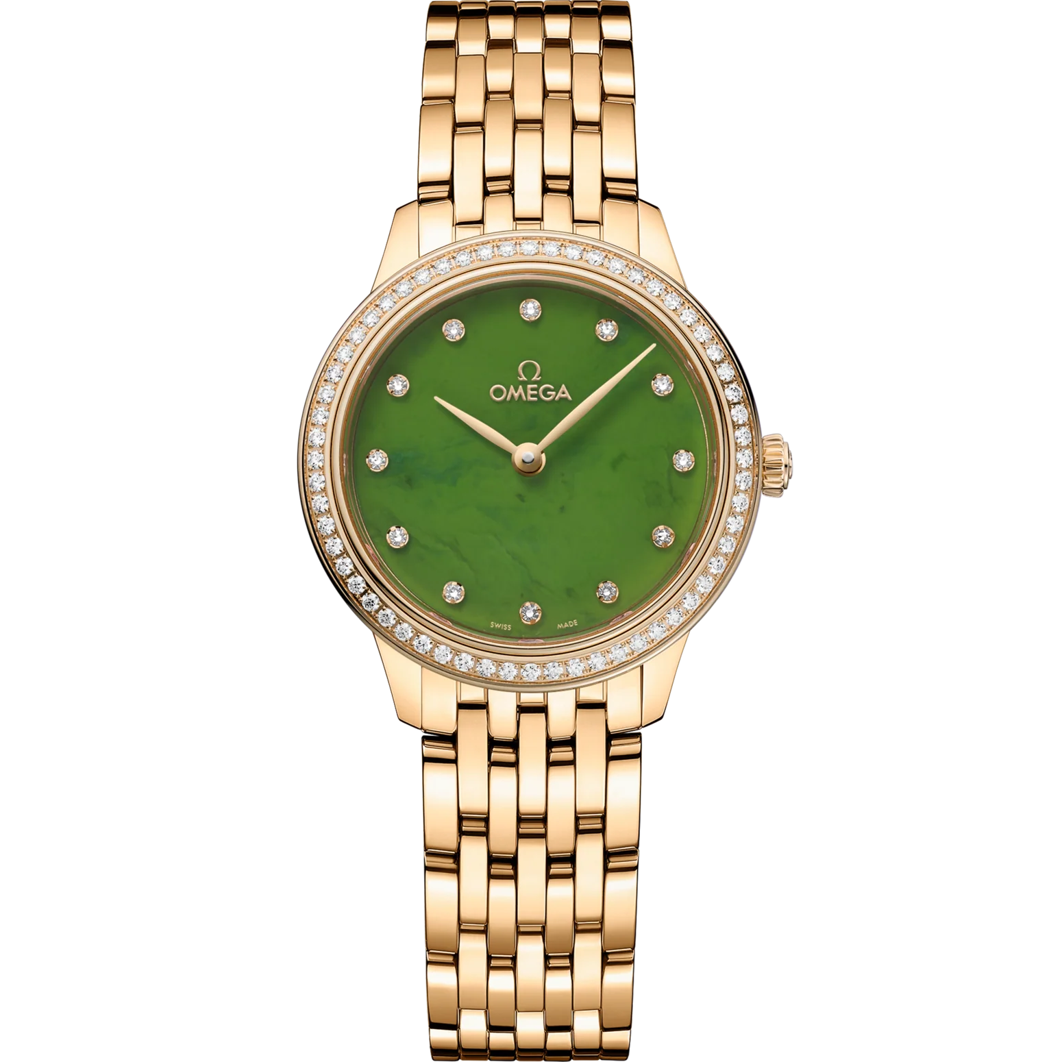 Omega De Ville Prestige 27.5mm Green jade Dial with Diamonds 18k Yellow Gold Strap 434.55.28.60.99.001
