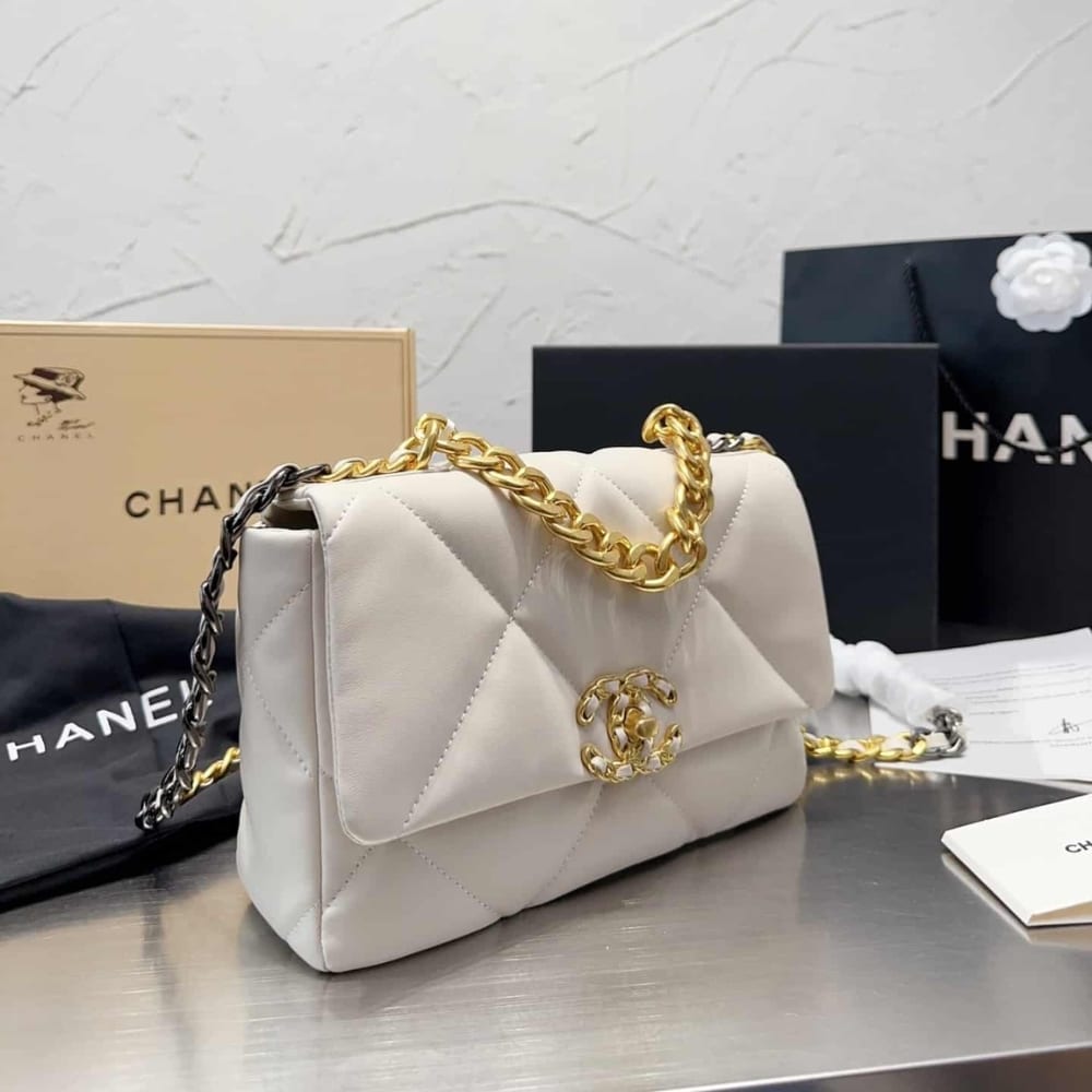 Chanel 19 Flap Bag Shiny Gold And Silver Tone White 26Cm As1161 B04852 10601