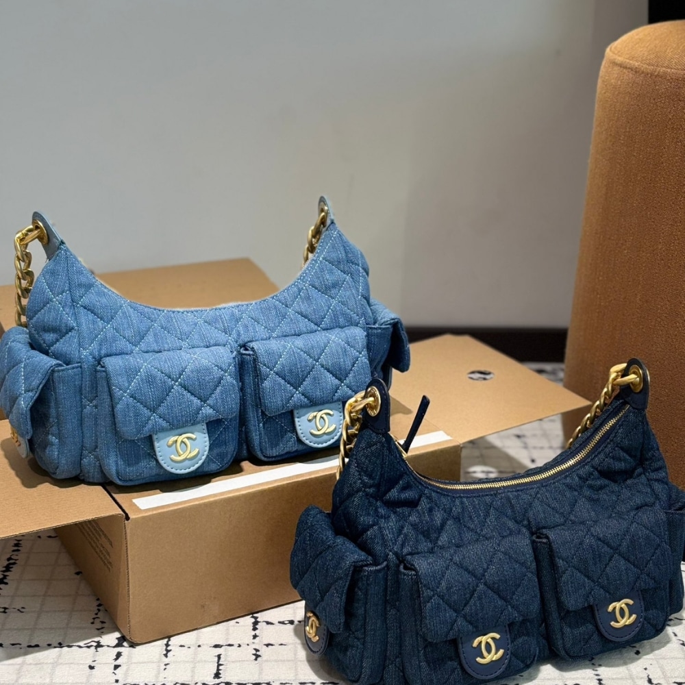 Chanel Large Hobo Bag Washed Denim And Gold Tone Metal Dark Blue 31Cm
