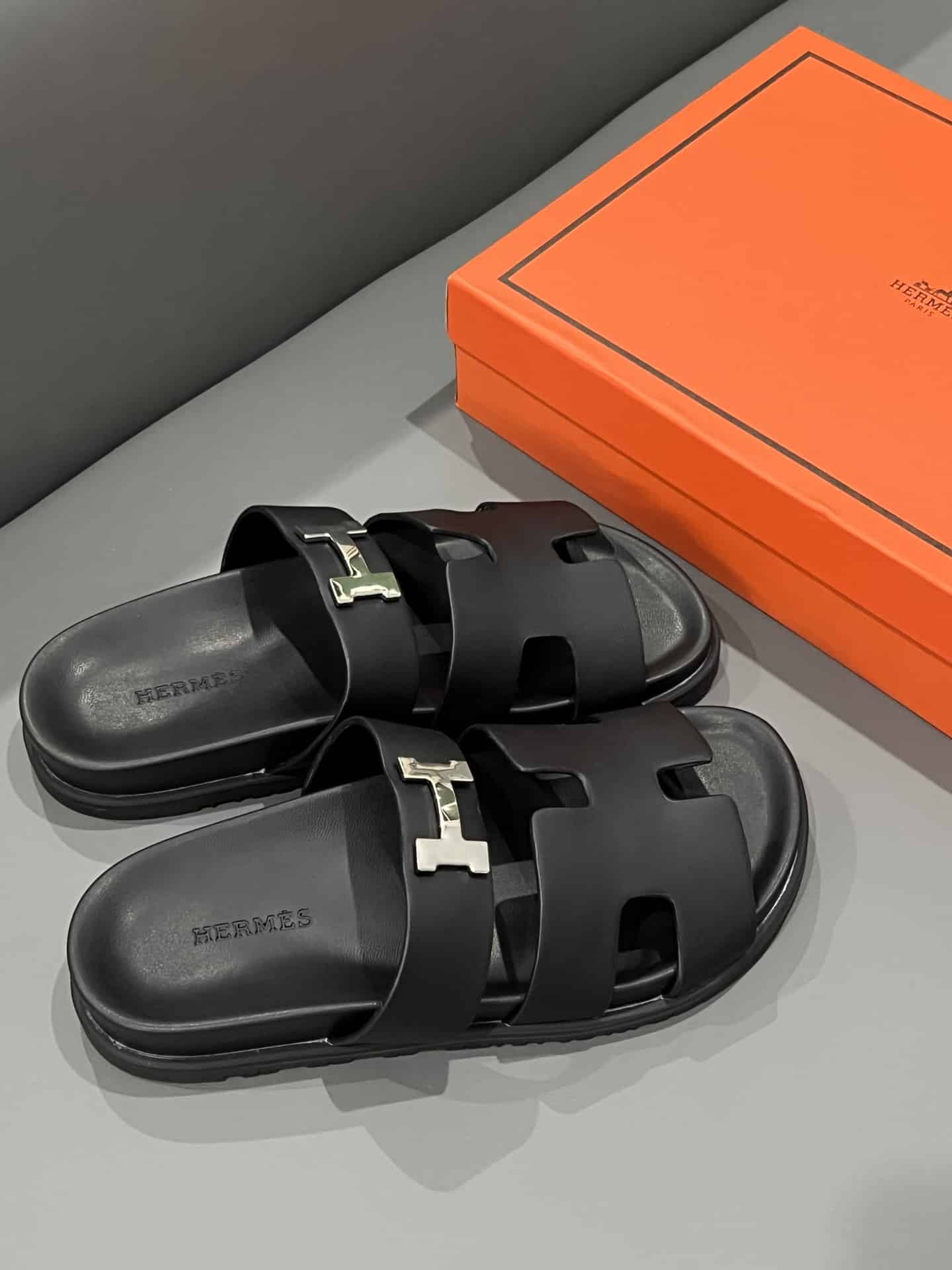 Hermes Chypre Sandal H Logo Silver Hardware Black