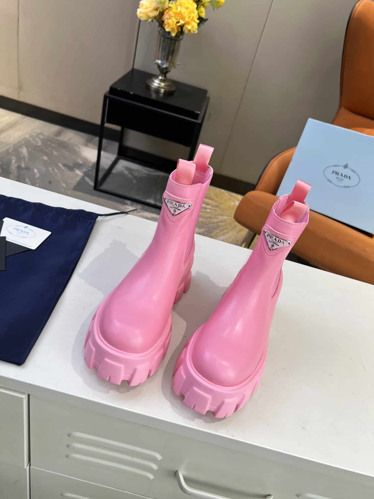 Prada Monolith Brushed Leather Booties Pink