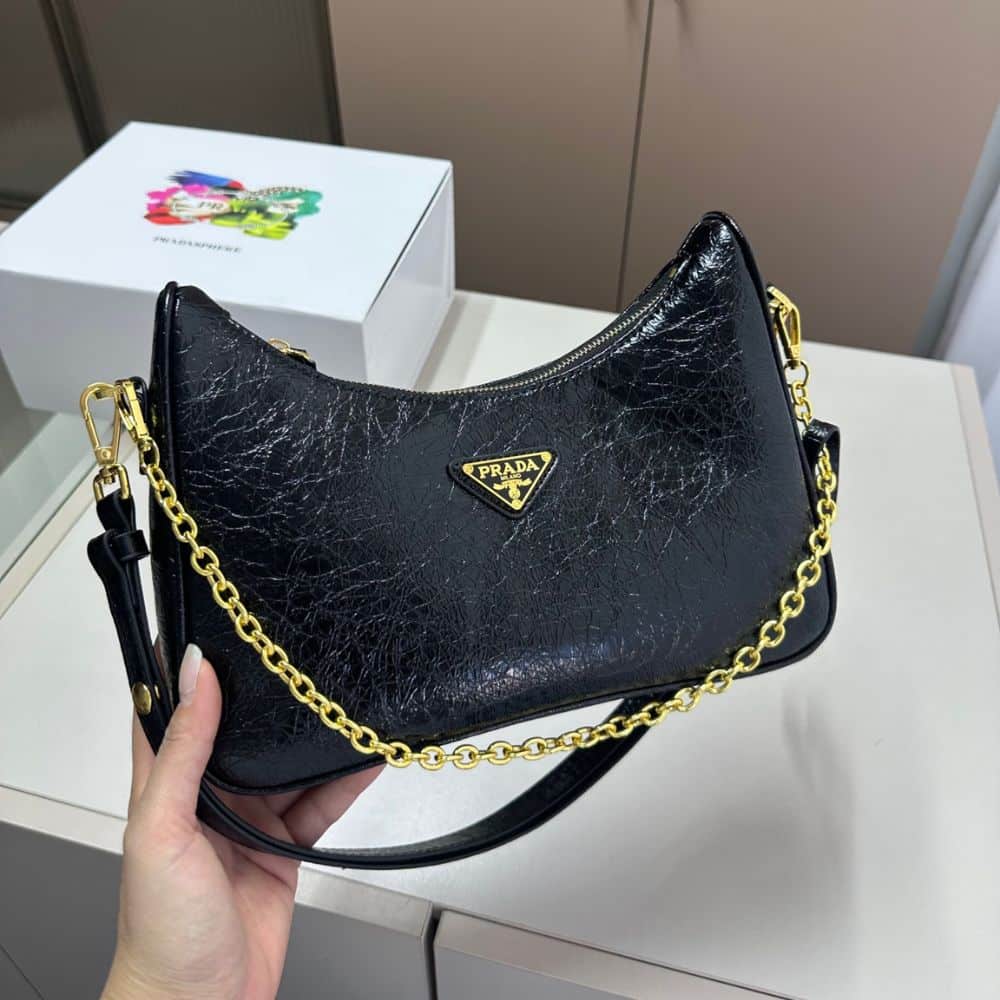Prada Re Edition Mini Bag In Naplak Patent Leather Black 28Cm