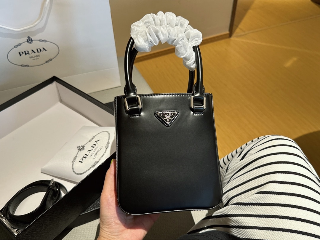 Prada Logo Embellished Leather Cross Body Bag Black 15Cm