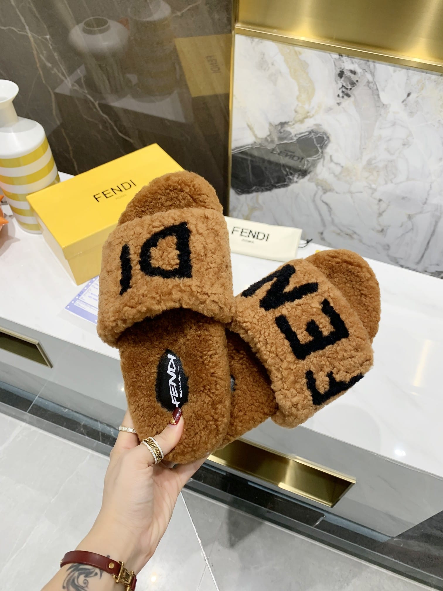 Fendi Shearling Slides Brown