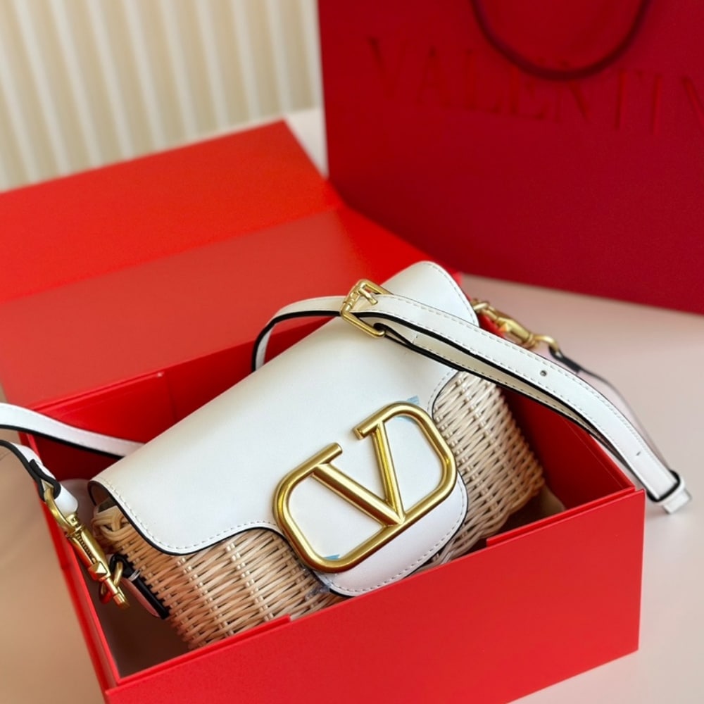 Valentino Loco VLogo Flap Straw Shoulder Bag White 18Cm