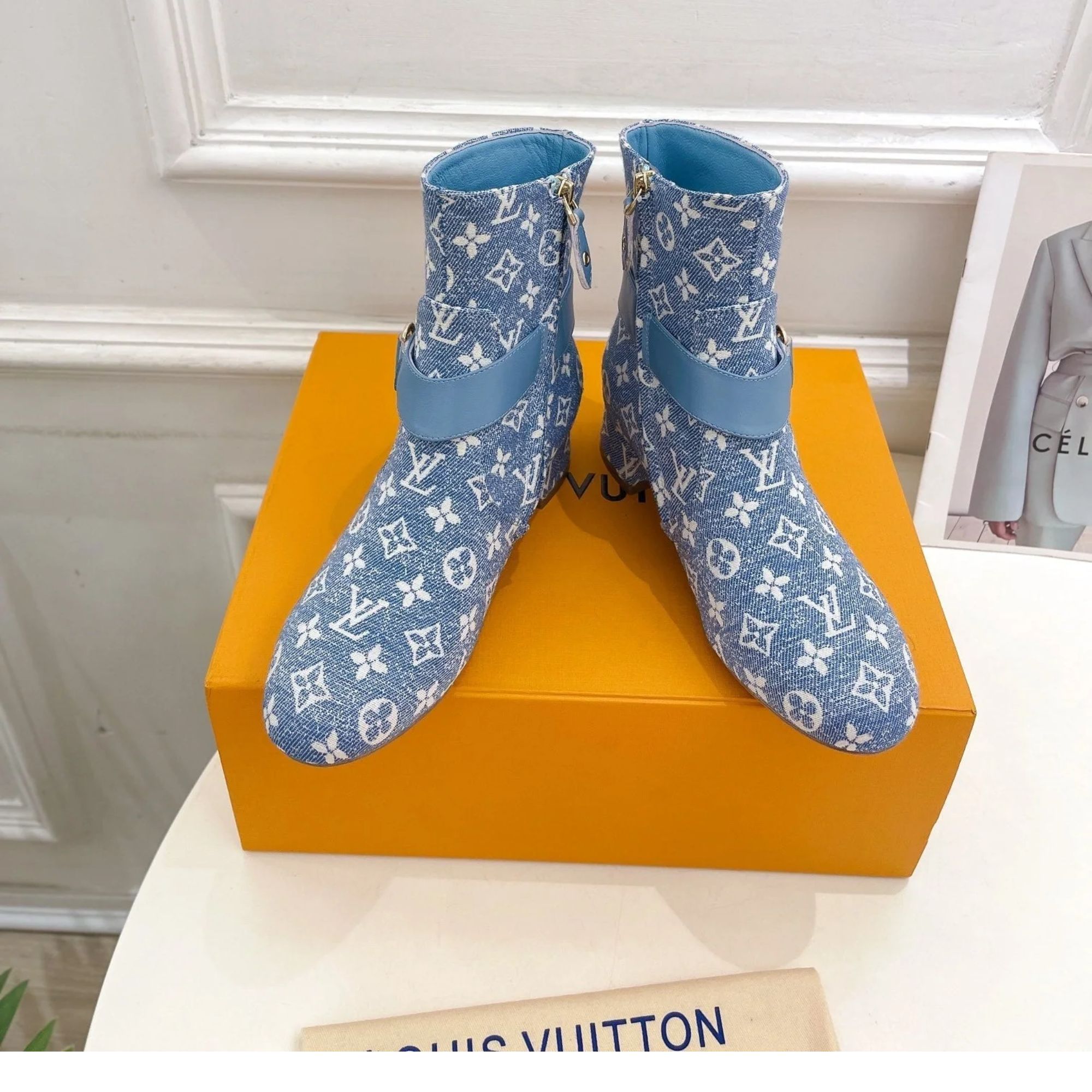 Louis Vuitton Ankle Boots 35mm Light Blue Monogram Jacquard Fabric